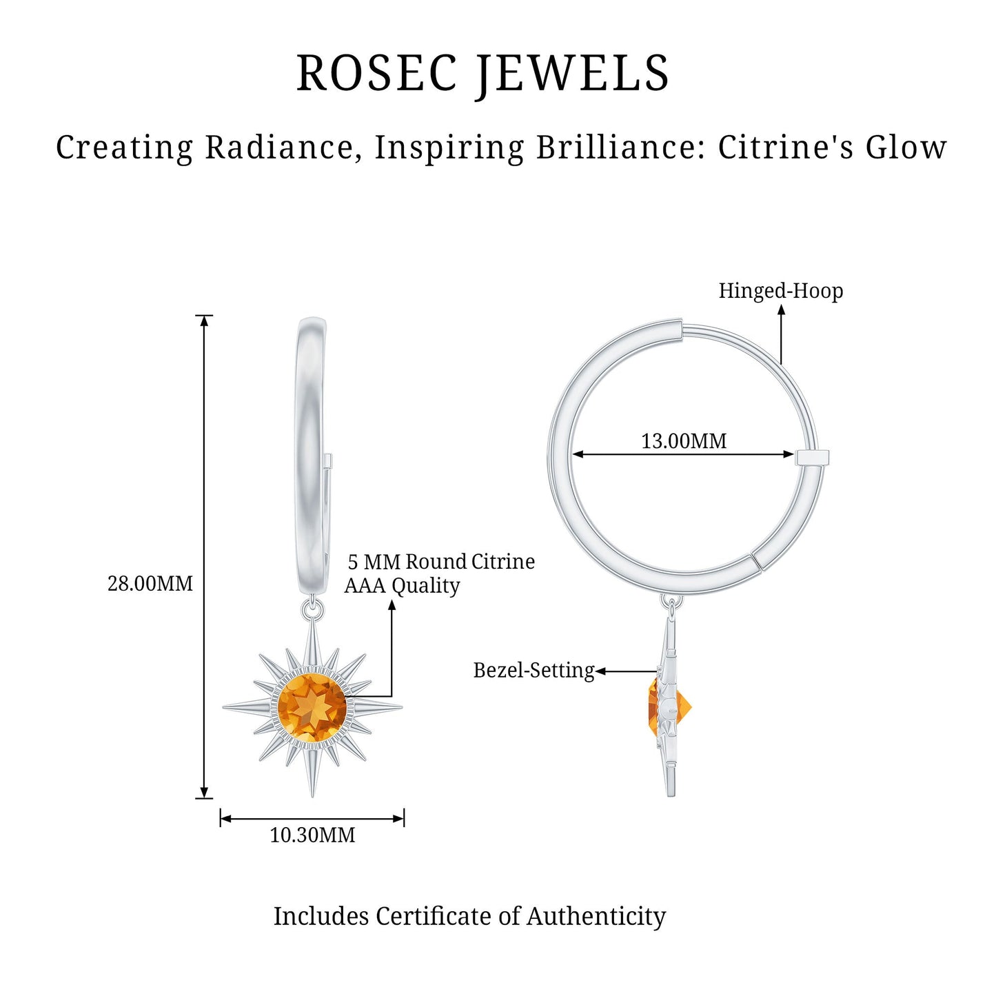 Natural Citrine Sunburst Drop Hoop Earrings
