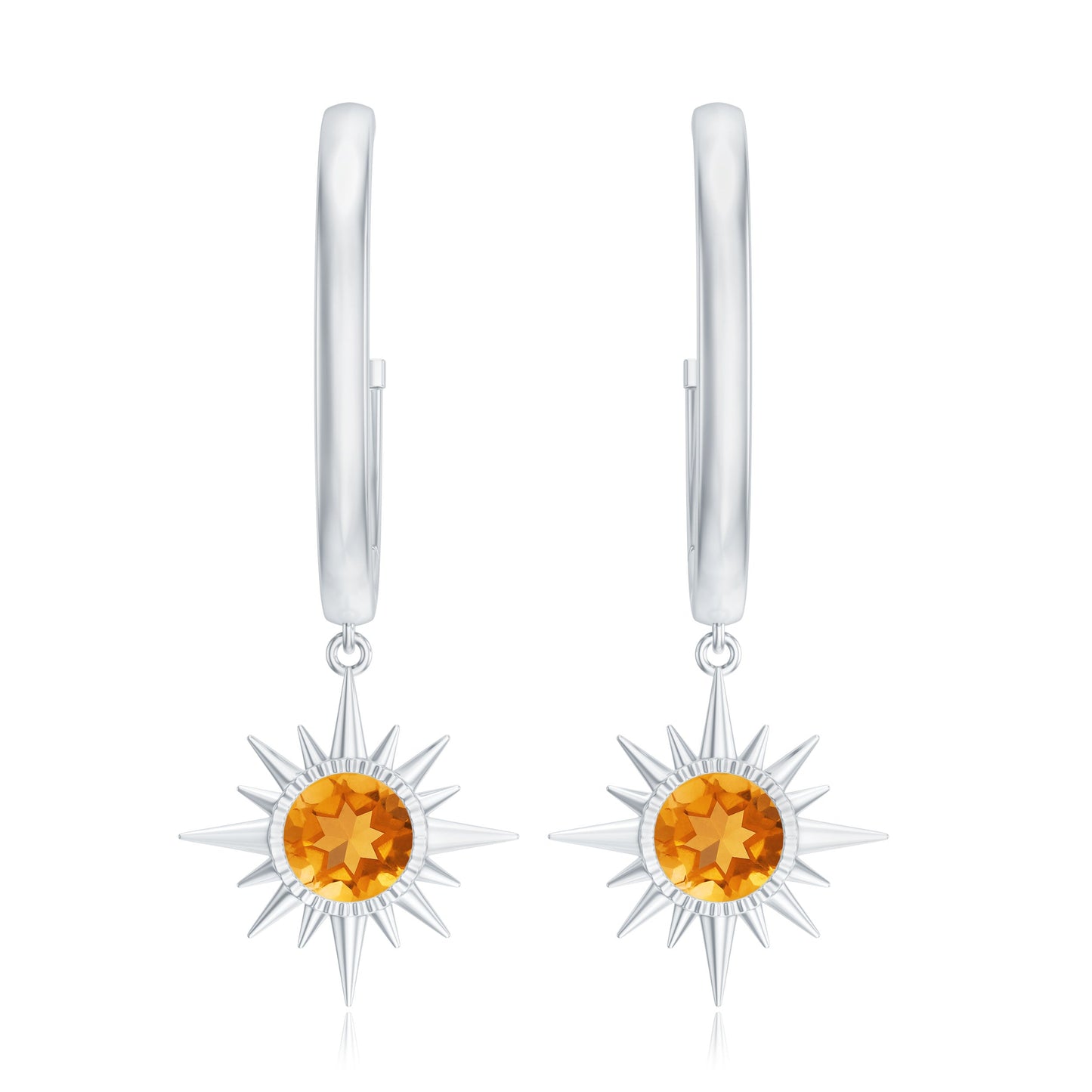Natural Citrine Sunburst Drop Hoop Earrings