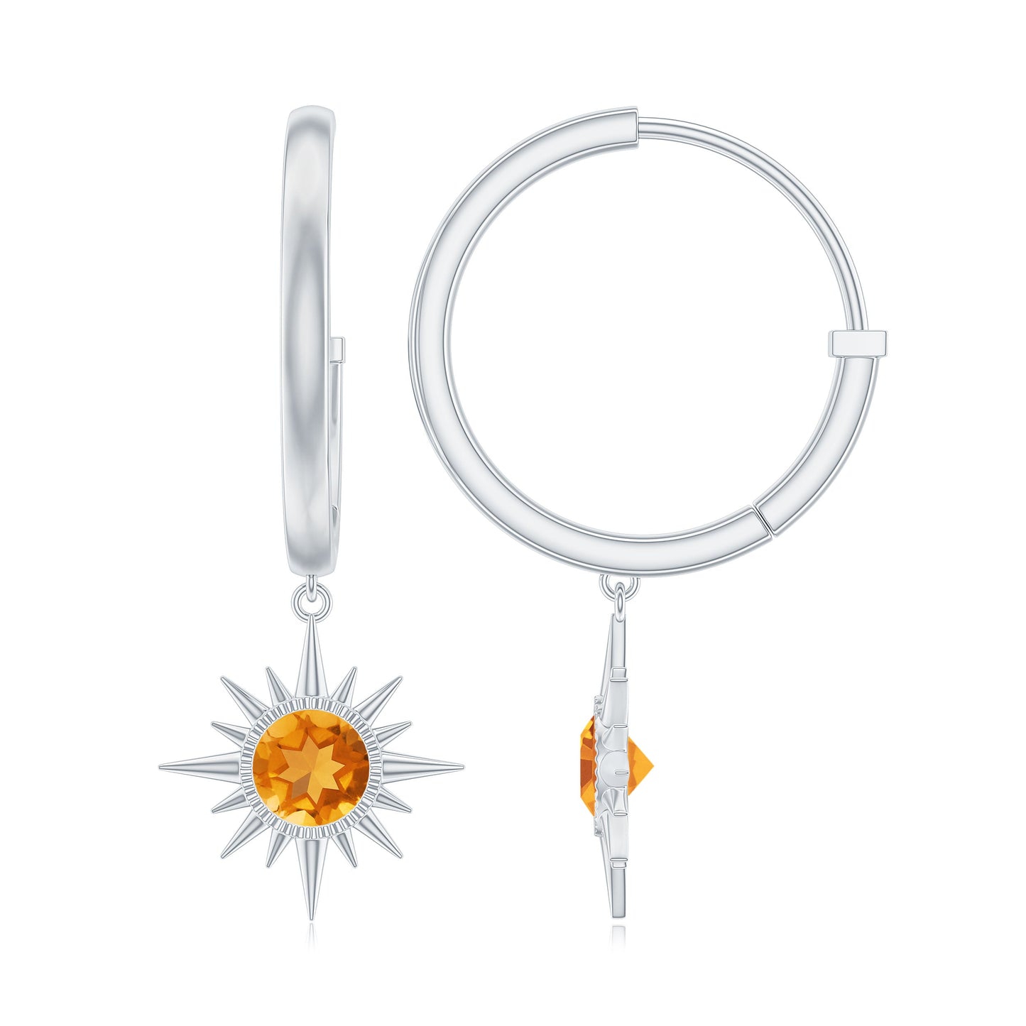 Natural Citrine Sunburst Drop Hoop Earrings
