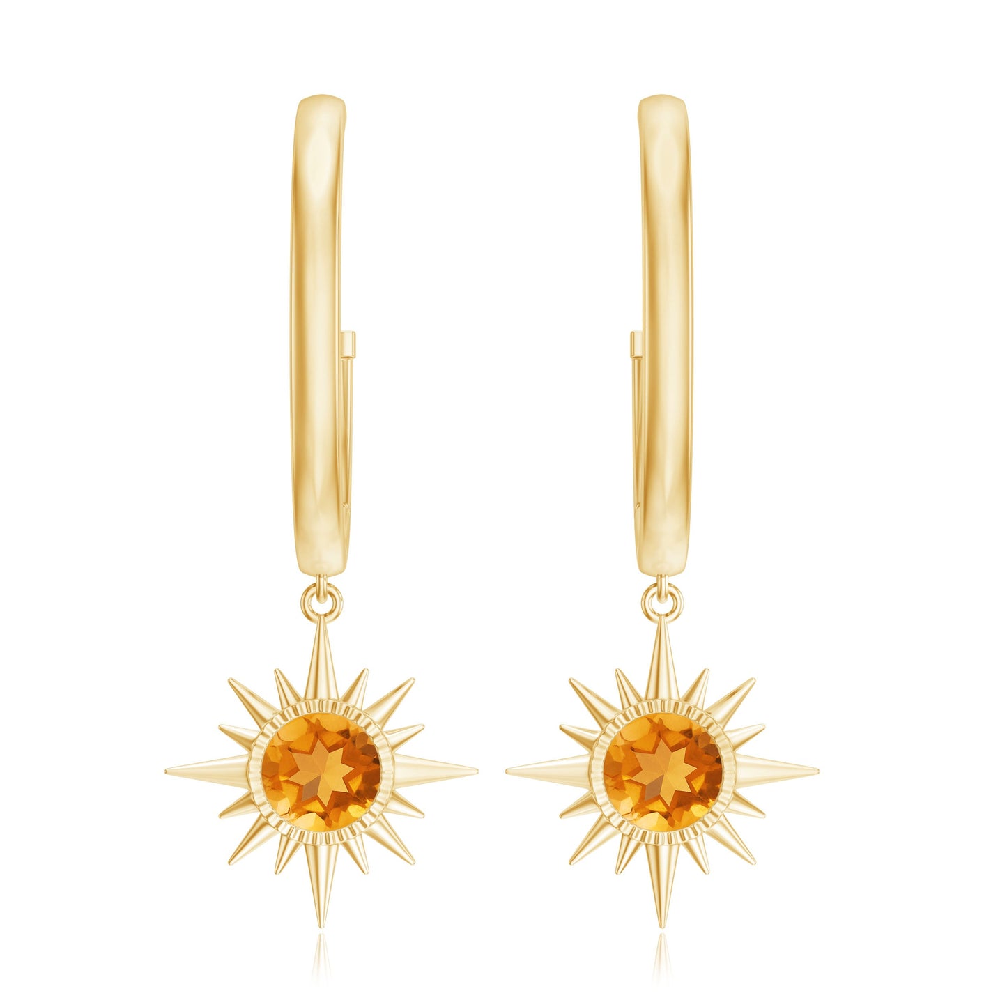 Natural Citrine Sunburst Drop Hoop Earrings