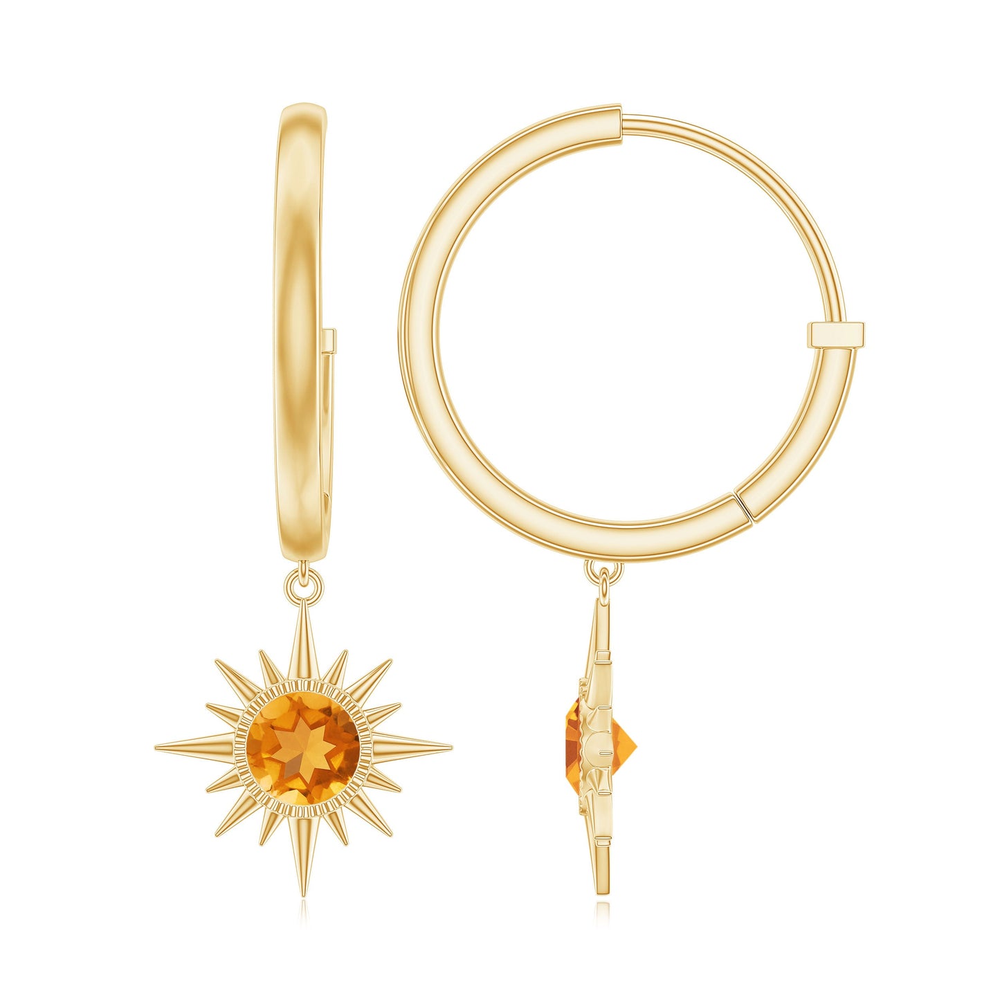 Natural Citrine Sunburst Drop Hoop Earrings
