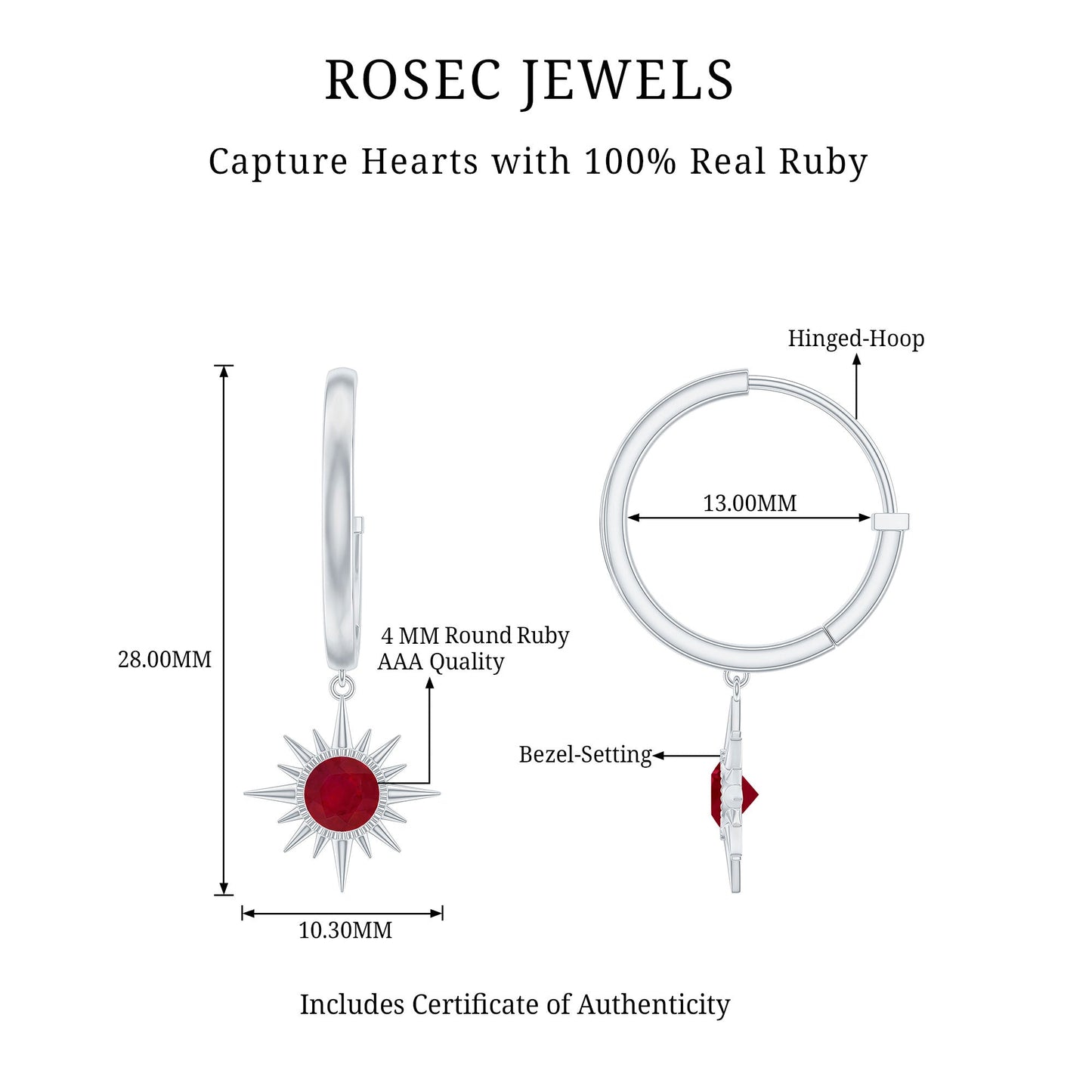 Natural 0.5 Carat Ruby Sunburst Drop Hoop Earrings for Women