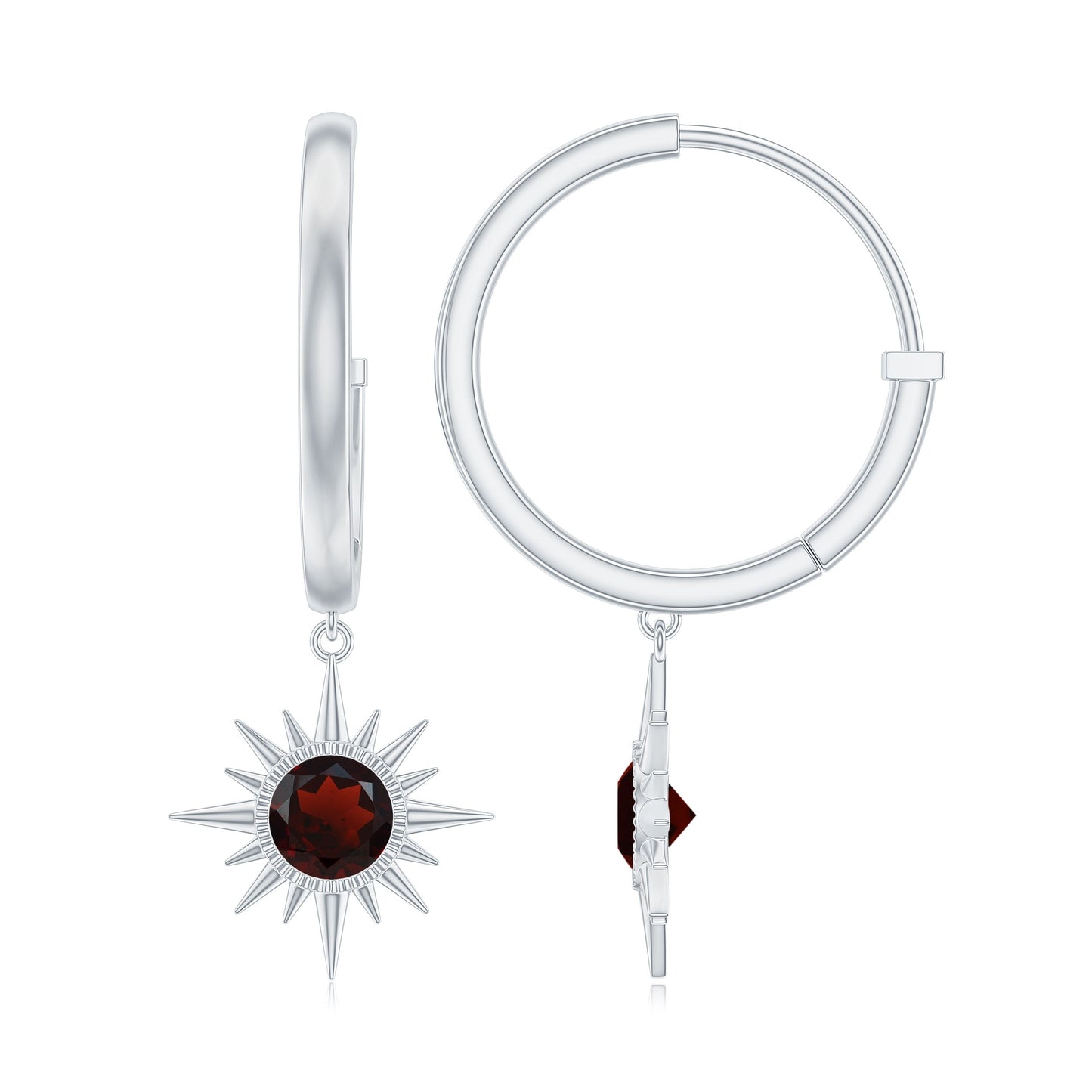 Real Garnet Sunburst Drop Hoop Earring for Women
