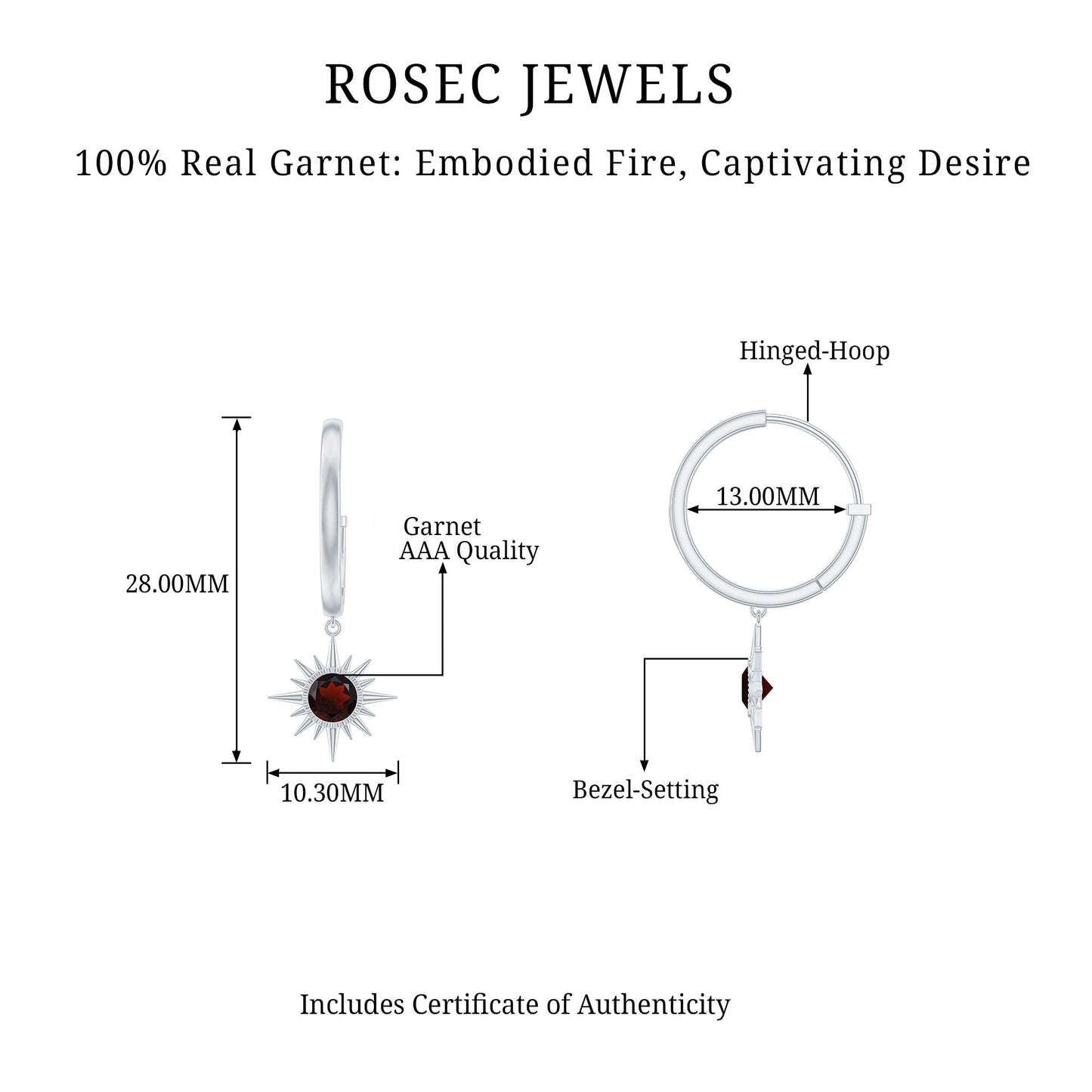 Real Garnet Sunburst Drop Hoop Earring for Women
