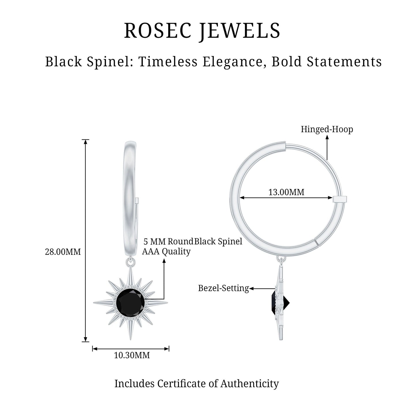 Natural Black Spinel Sunburst Drop Hoop Earrings
