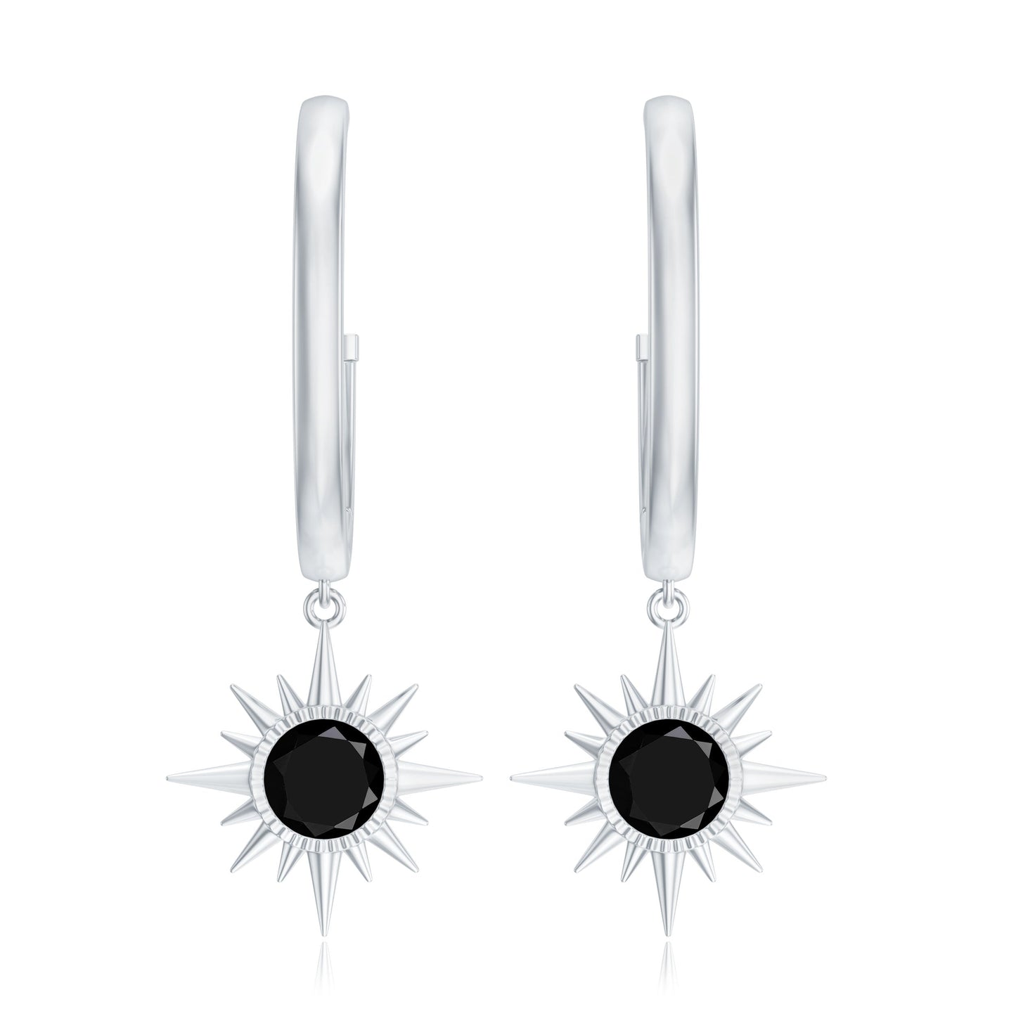 Natural Black Spinel Sunburst Drop Hoop Earrings