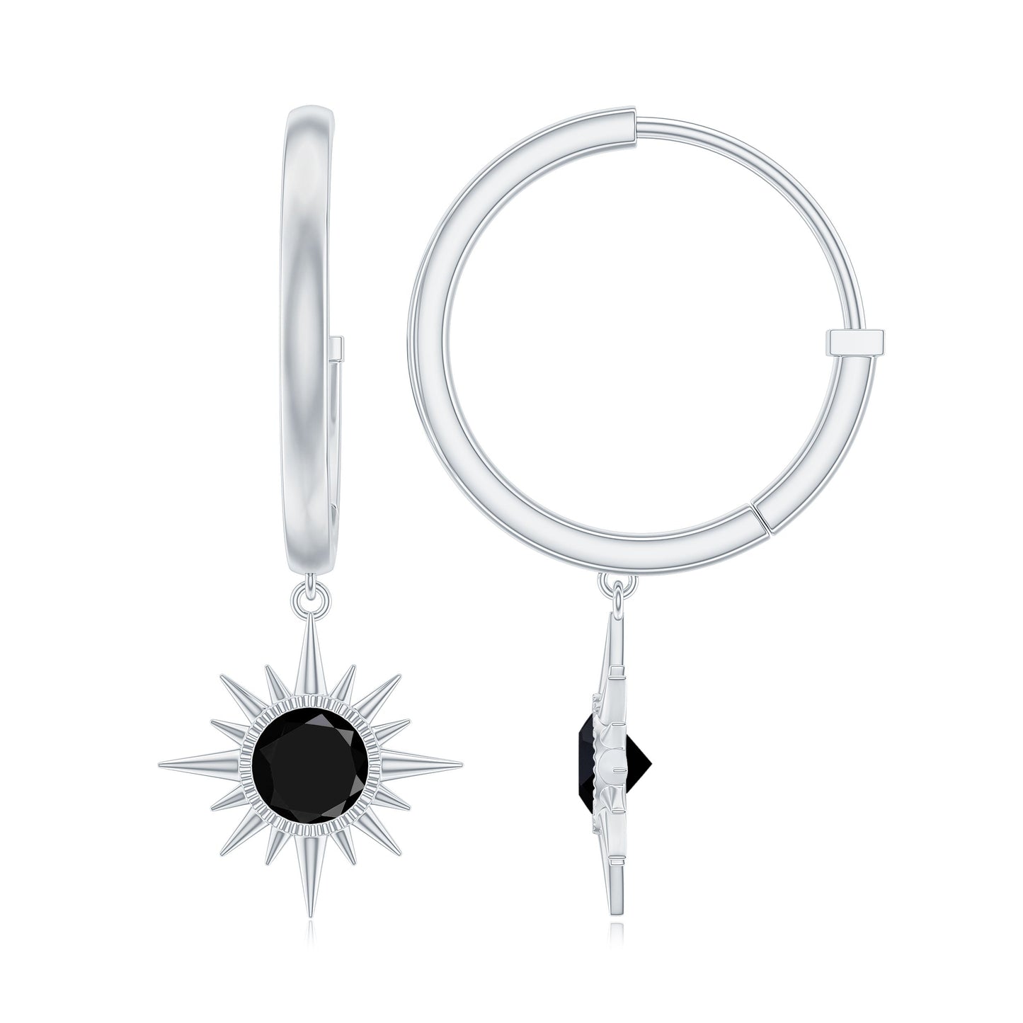 Natural Black Spinel Sunburst Drop Hoop Earrings