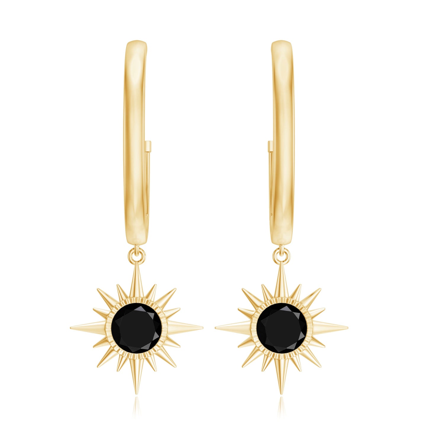 Natural Black Spinel Sunburst Drop Hoop Earrings