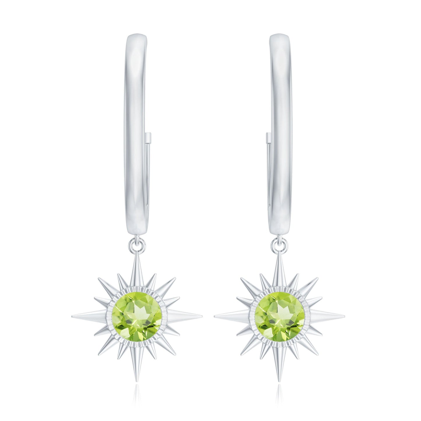 Round Shape 1 Carat Peridot Sunburst Hoop Drop Earrings For Women