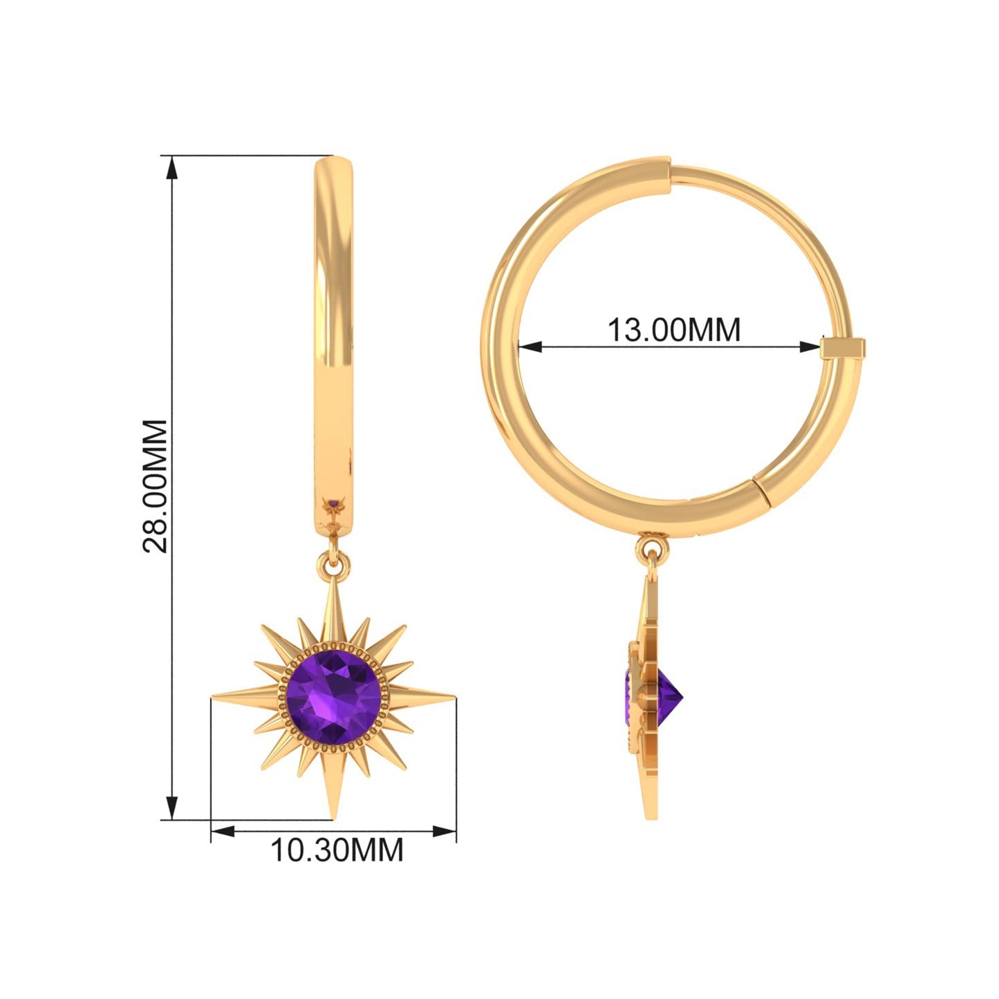 Natural Amethyst Sunburst Hoop Drop Earrings with Certificate