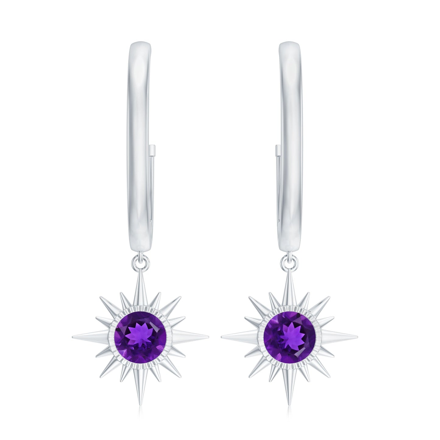 Natural Amethyst Sunburst Hoop Drop Earrings with Certificate