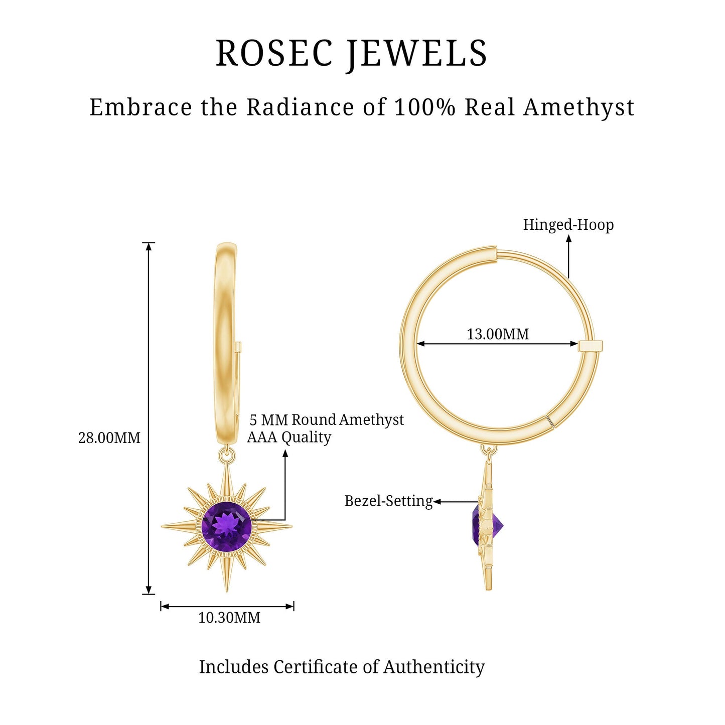 Natural Amethyst Sunburst Hoop Drop Earrings with Certificate