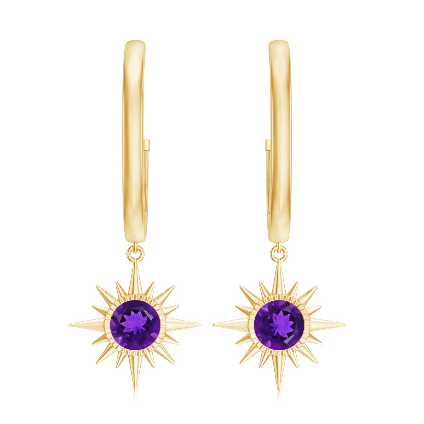 Natural Amethyst Sunburst Hoop Drop Earrings with Certificate
