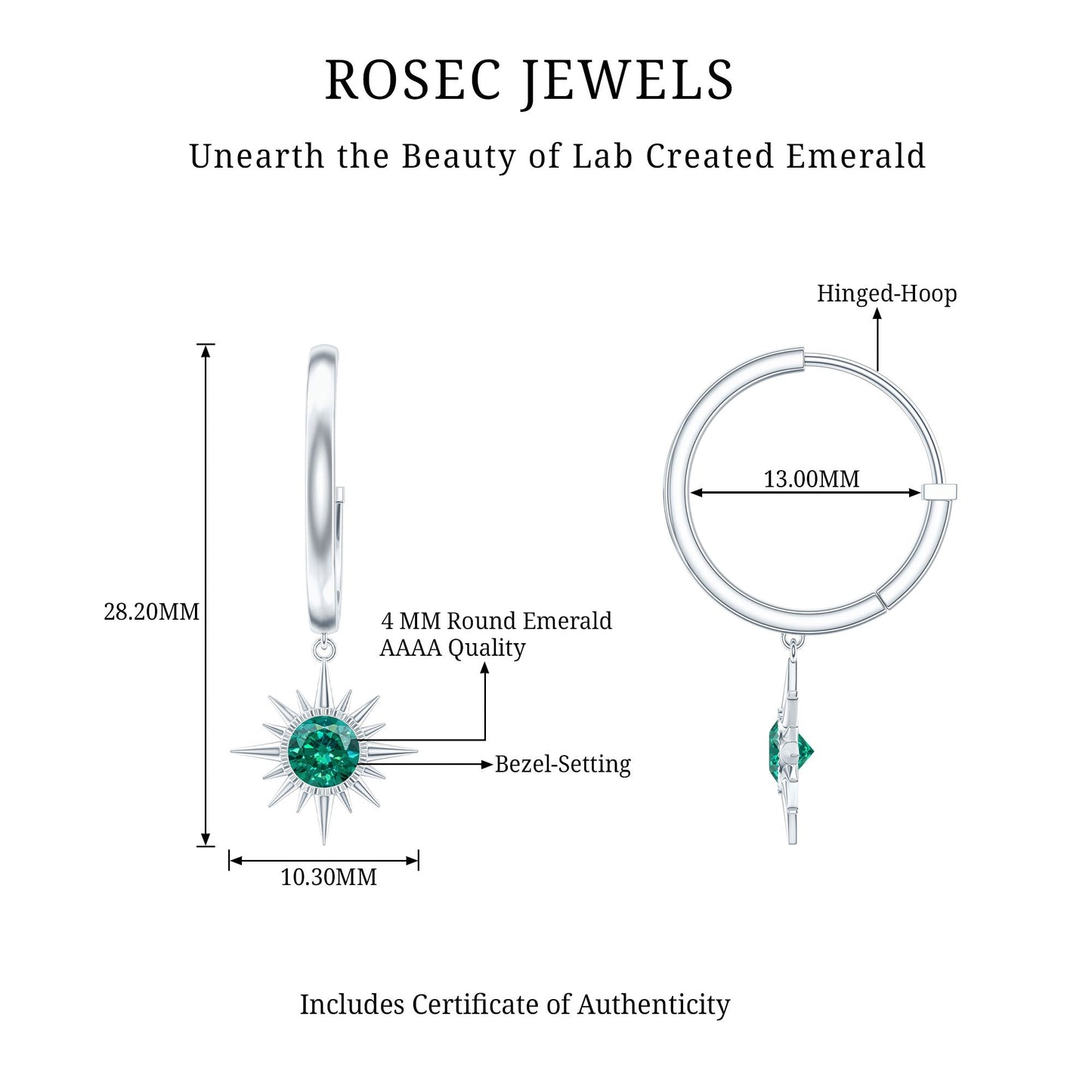 0.5 Carat Round Cut Lab Created Emerald Sunburst Hoop Earrings