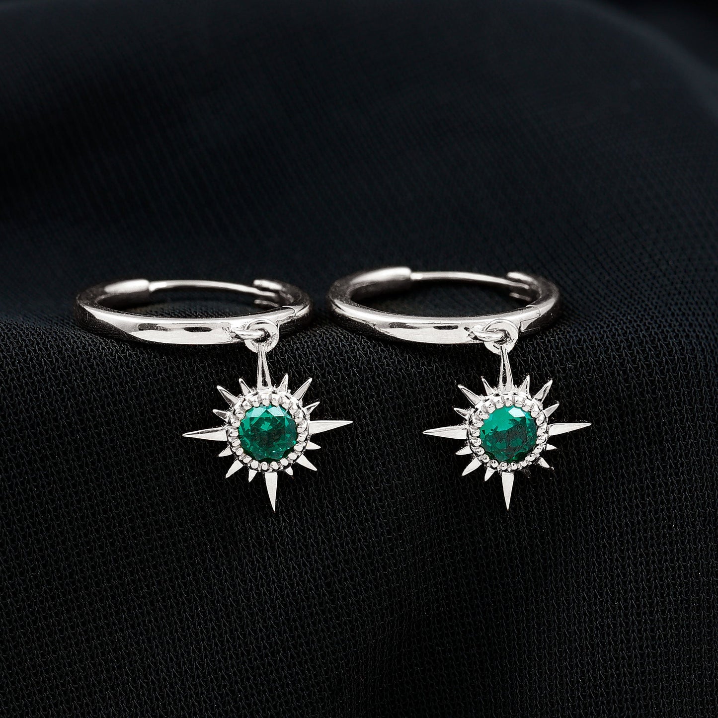 0.5 Carat Round Cut Lab Created Emerald Sunburst Hoop Earrings