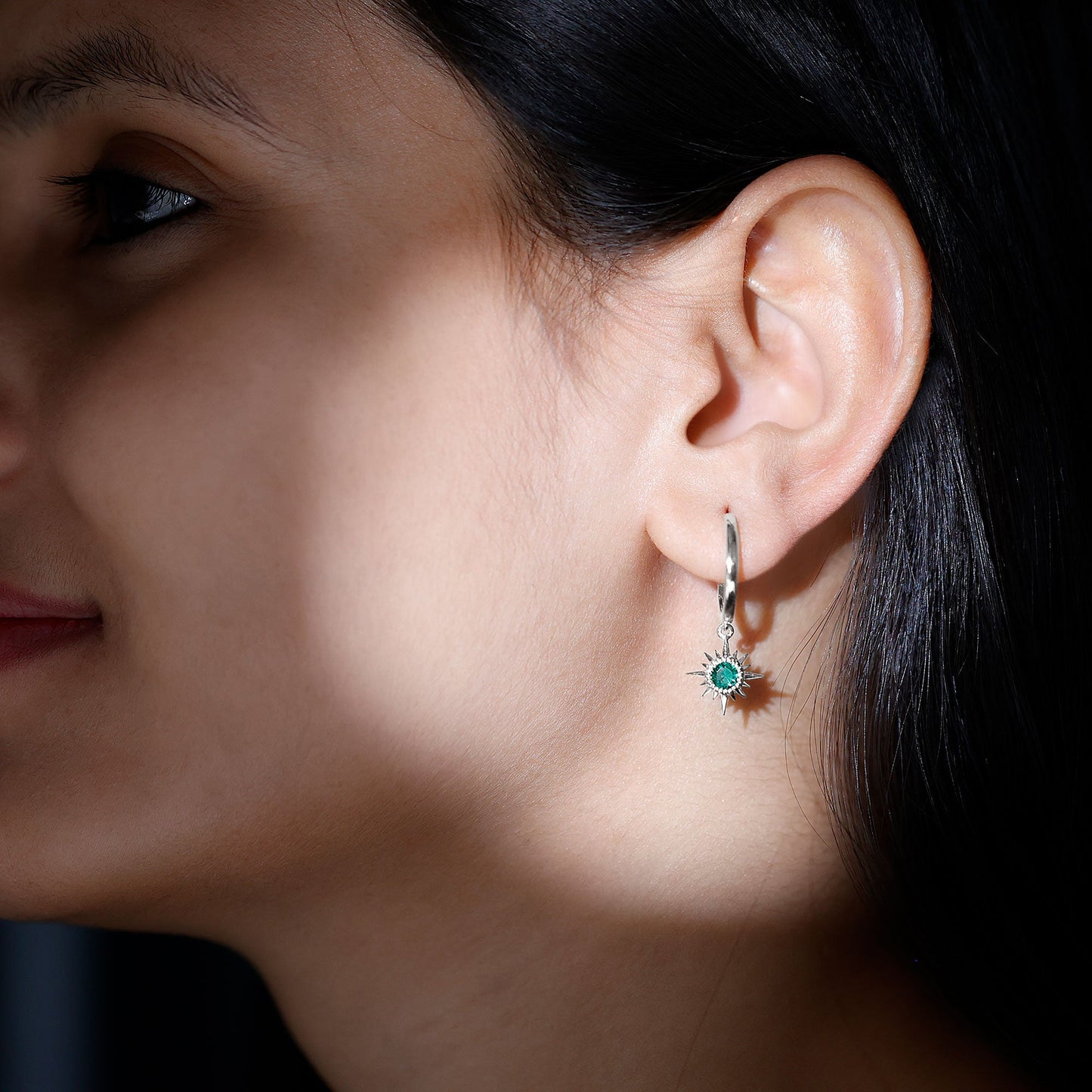 0.5 Carat Round Cut Lab Created Emerald Sunburst Hoop Earrings