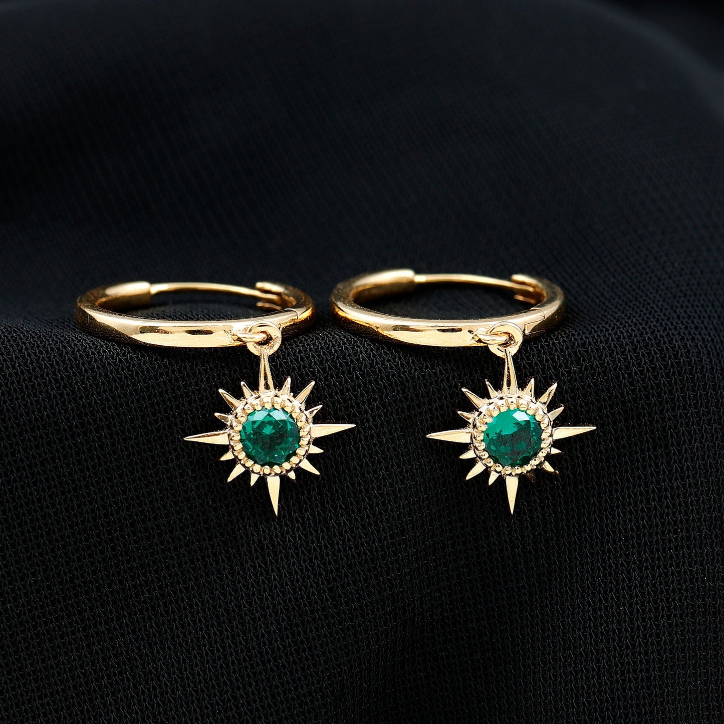 0.5 Carat Round Cut Lab Created Emerald Sunburst Hoop Earrings