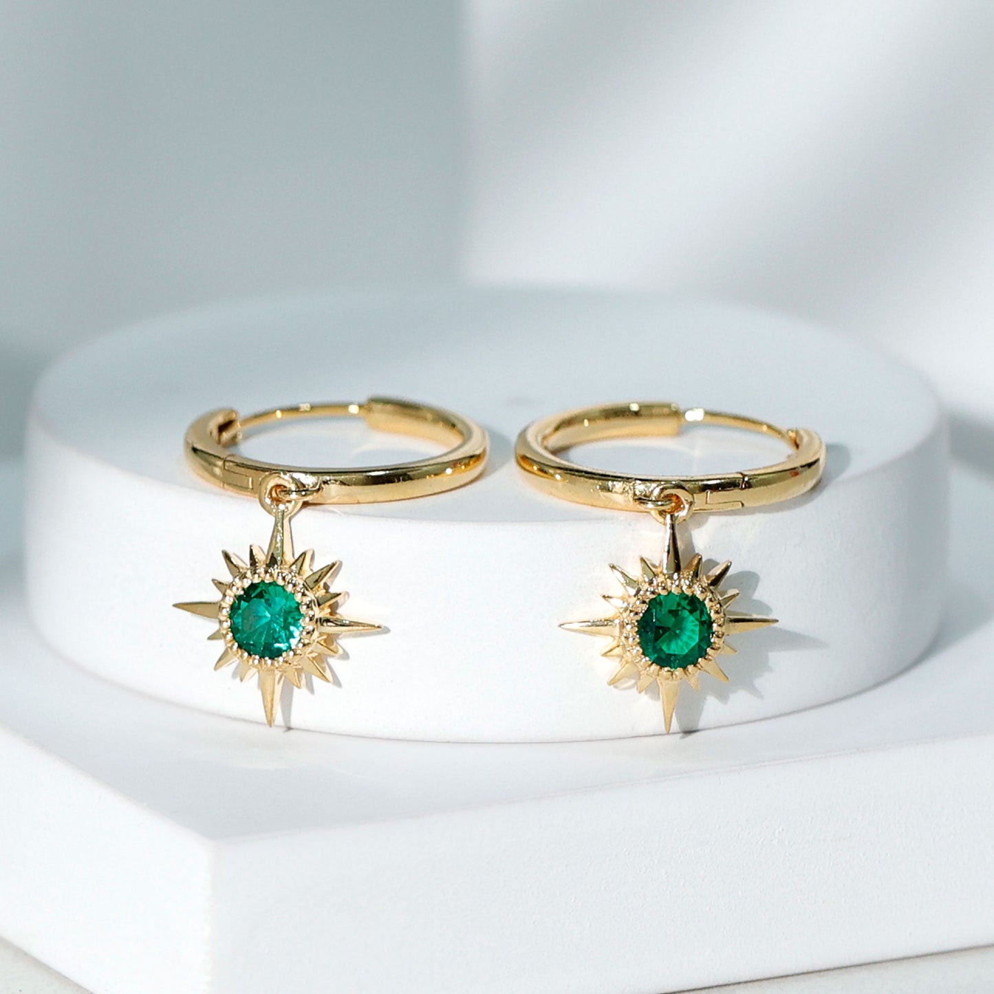 0.5 Carat Round Cut Lab Created Emerald Sunburst Hoop Earrings