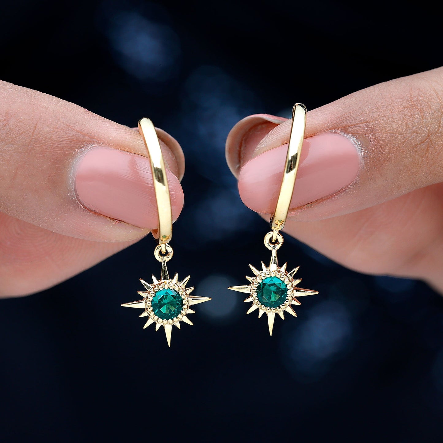 0.5 Carat Round Cut Lab Created Emerald Sunburst Hoop Earrings