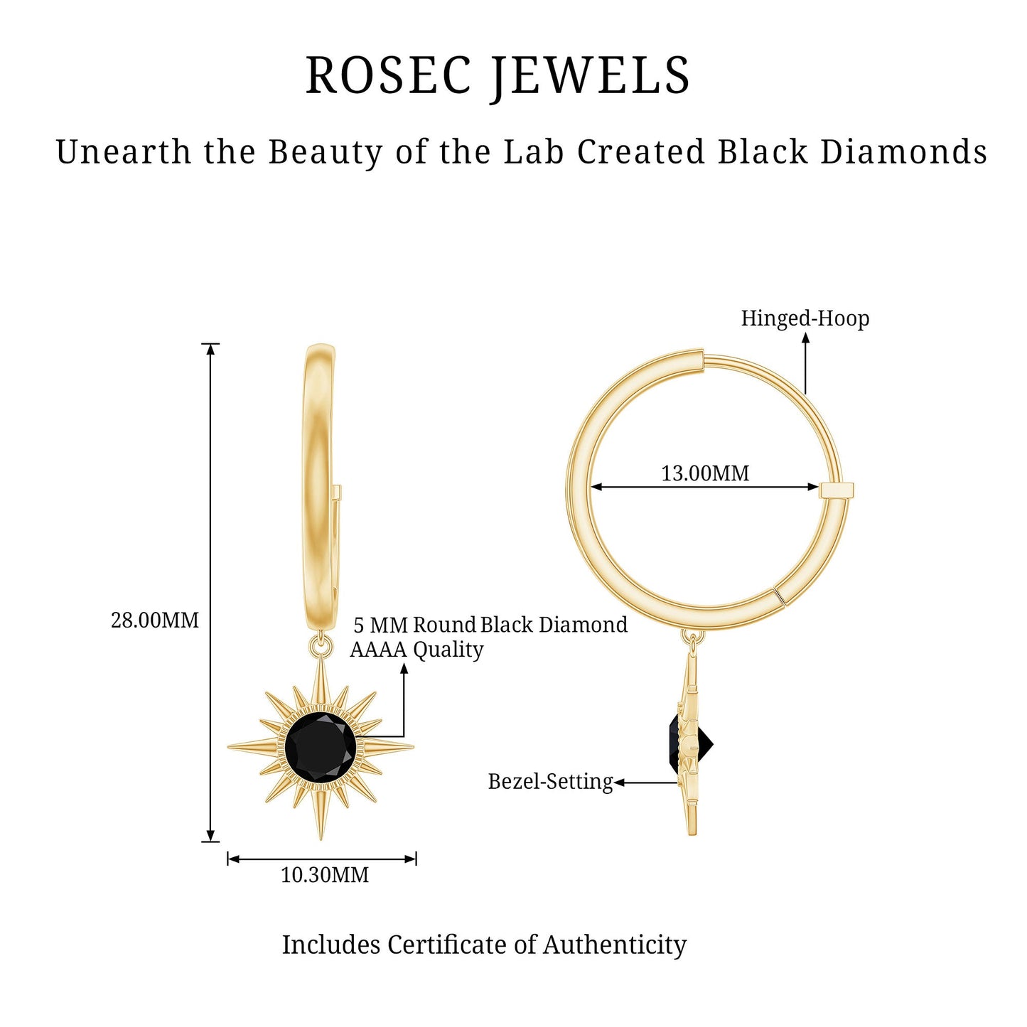 Lab Created Black Diamond Sunburst Hoop Earrings in Bezel Setting