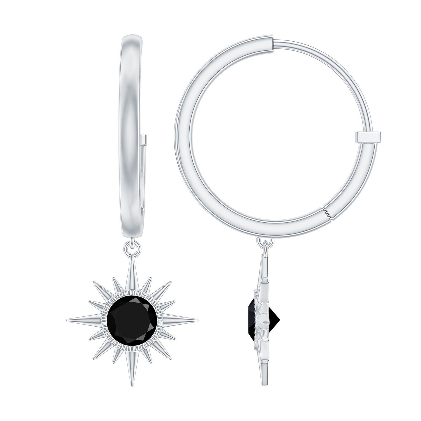 Natural Black Onyx Sunburst Hoop Drop Earrings