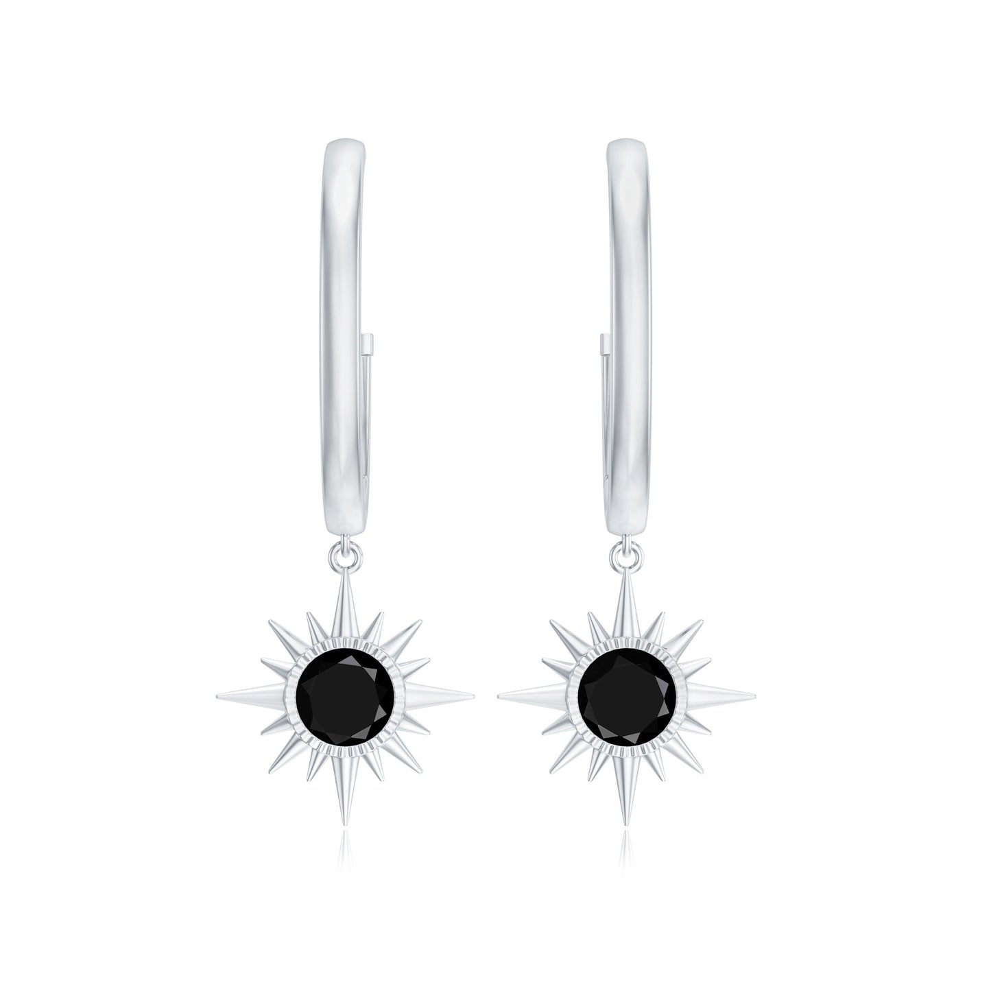 Natural Black Onyx Sunburst Hoop Drop Earrings
