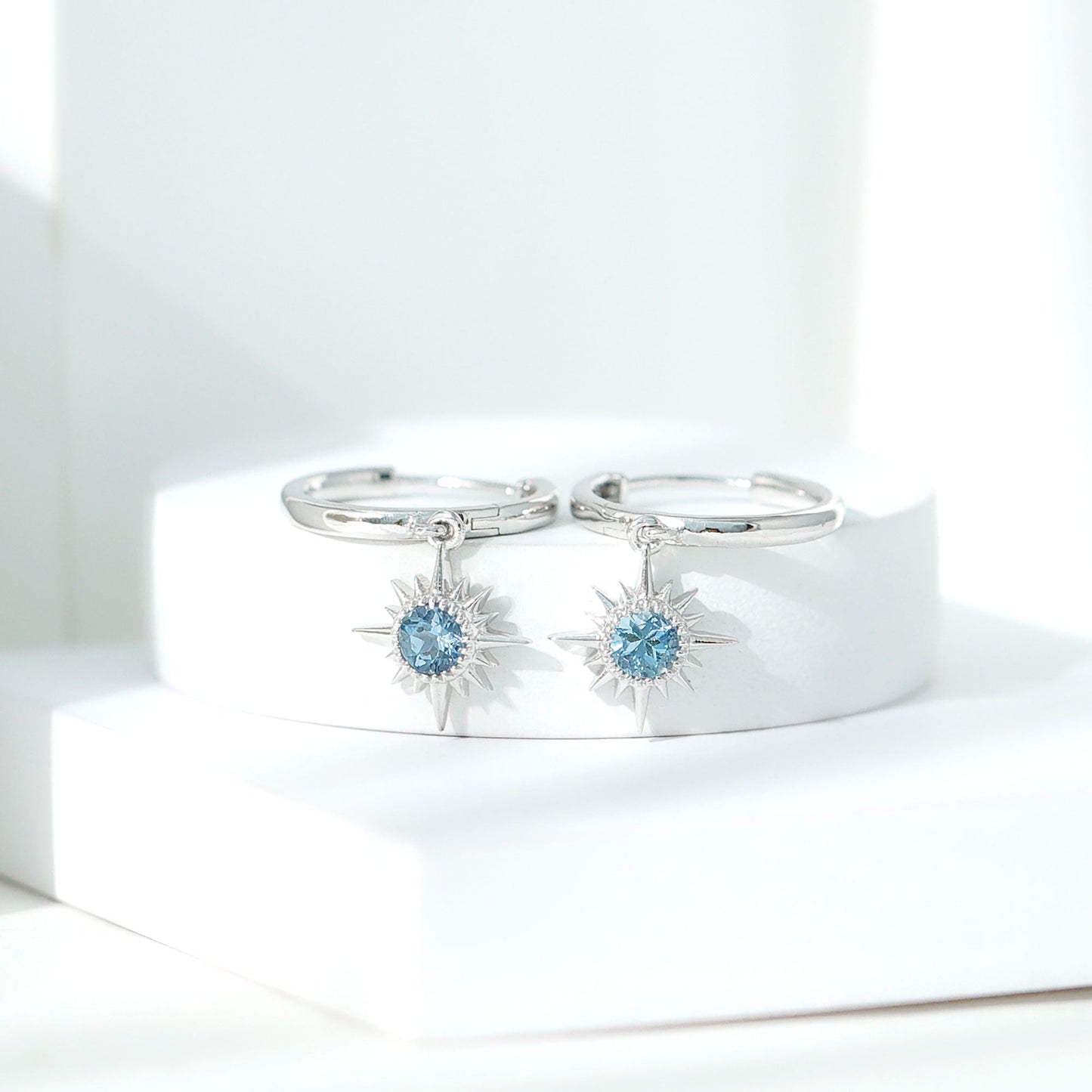 0.5 Carat Aquamarine Sunburst Hoop Earrings For Women