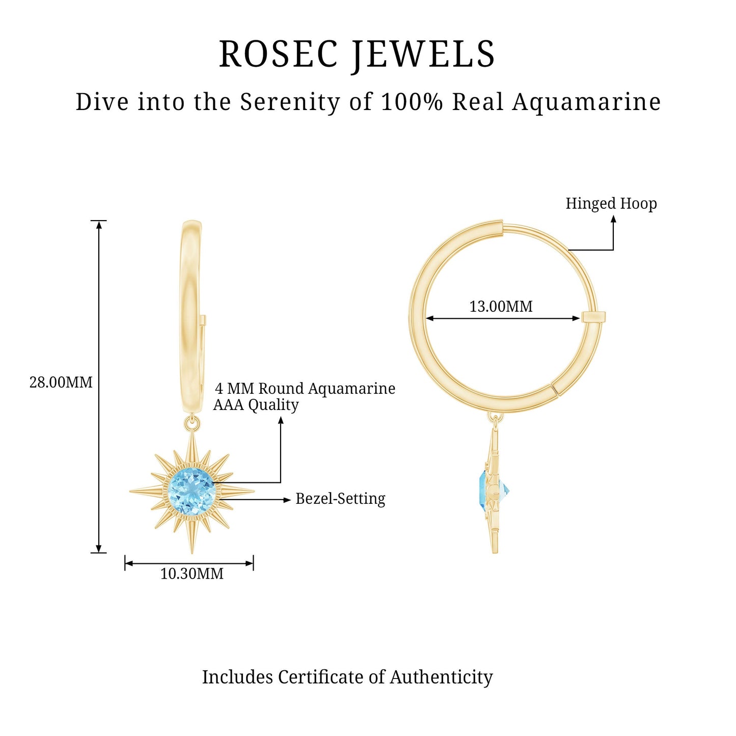 0.5 Carat Aquamarine Sunburst Hoop Earrings For Women