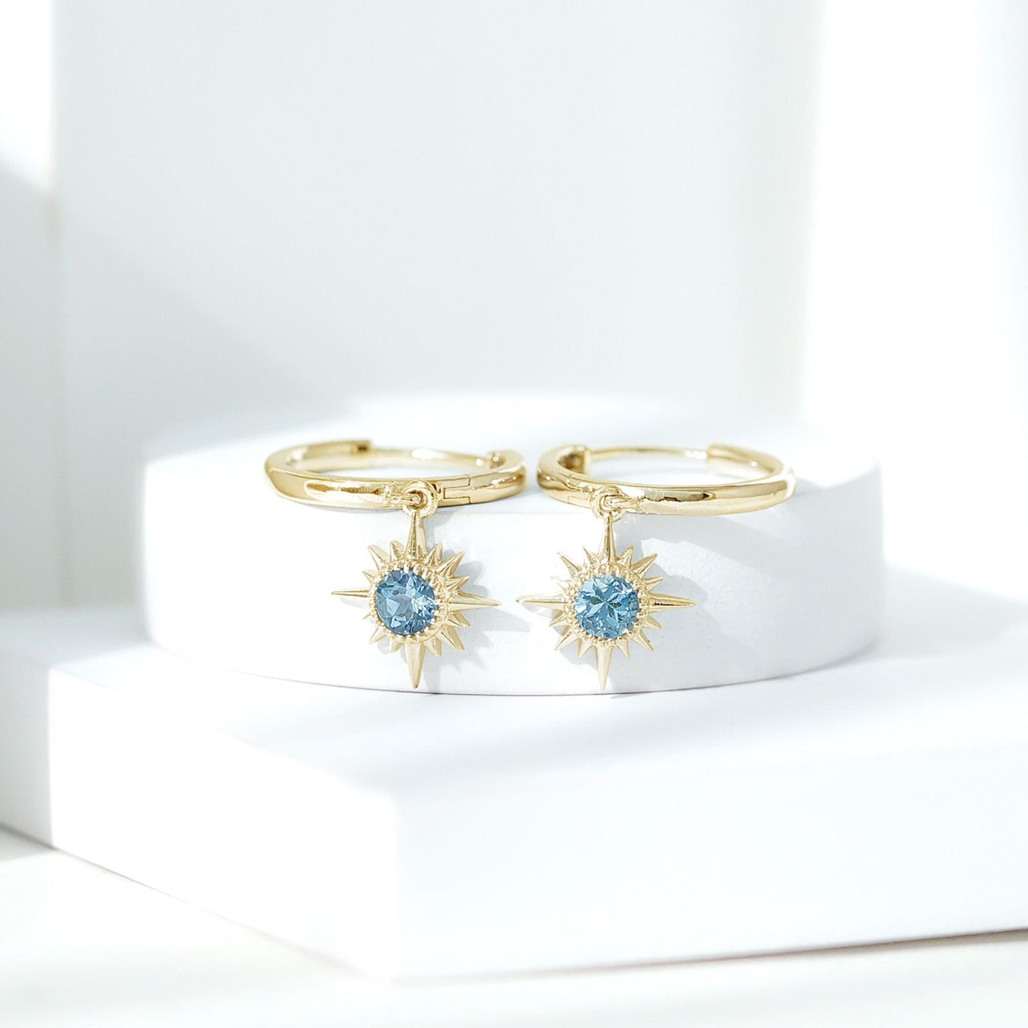 0.5 Carat Aquamarine Sunburst Hoop Earrings For Women