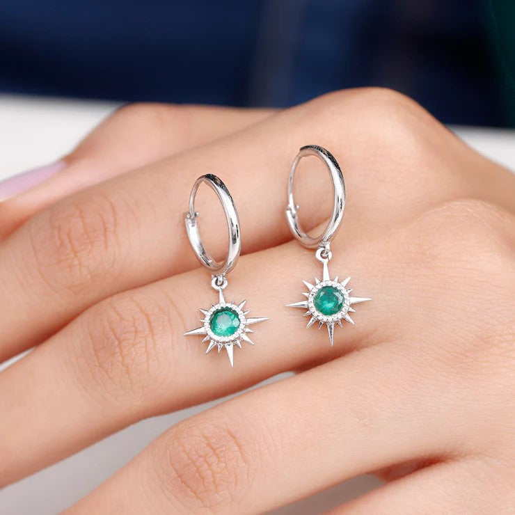 Real Emerald Sunburst Hoop Drop Earrings with Certificate