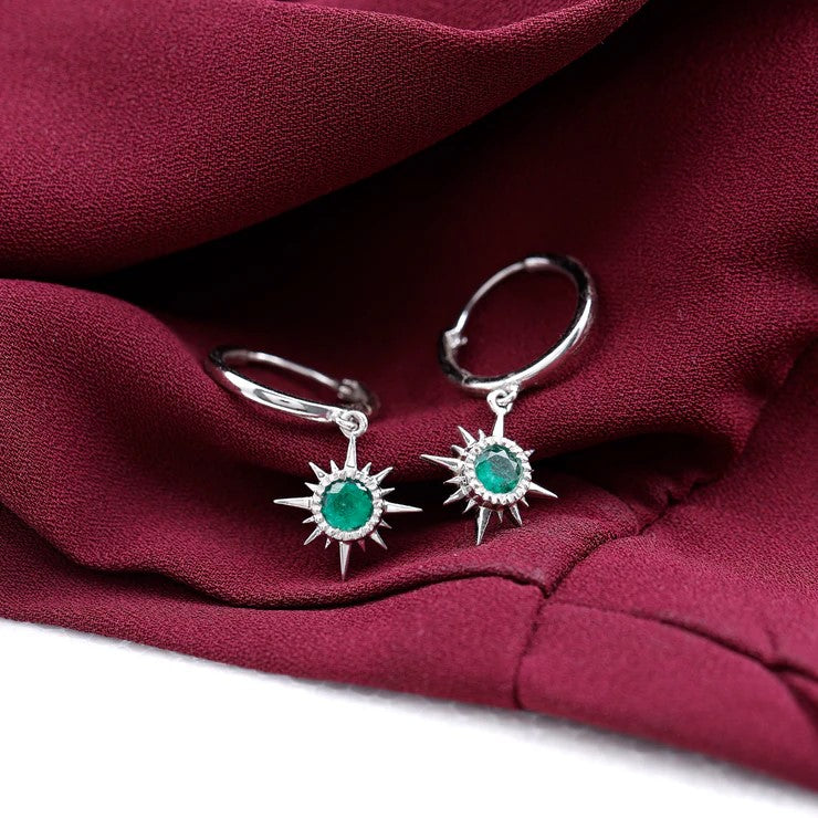 Real Emerald Sunburst Hoop Drop Earrings with Certificate
