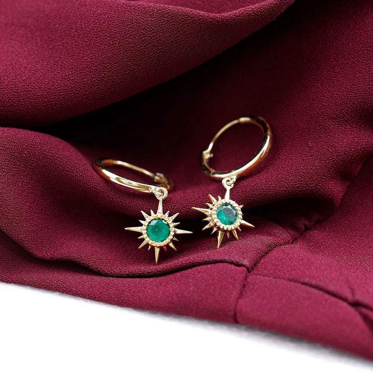 Real Emerald Sunburst Hoop Drop Earrings with Certificate