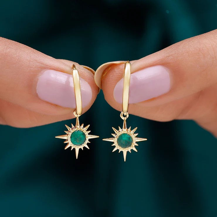 Real Emerald Sunburst Hoop Drop Earrings with Certificate