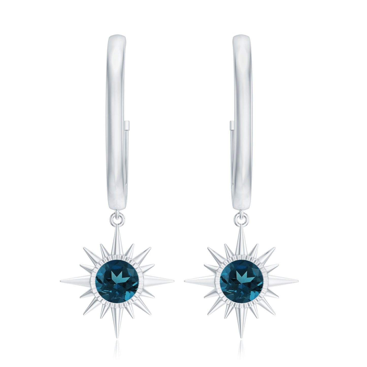 Real London Blue Topaz Sunburst Hoop Drop Earrings for Women