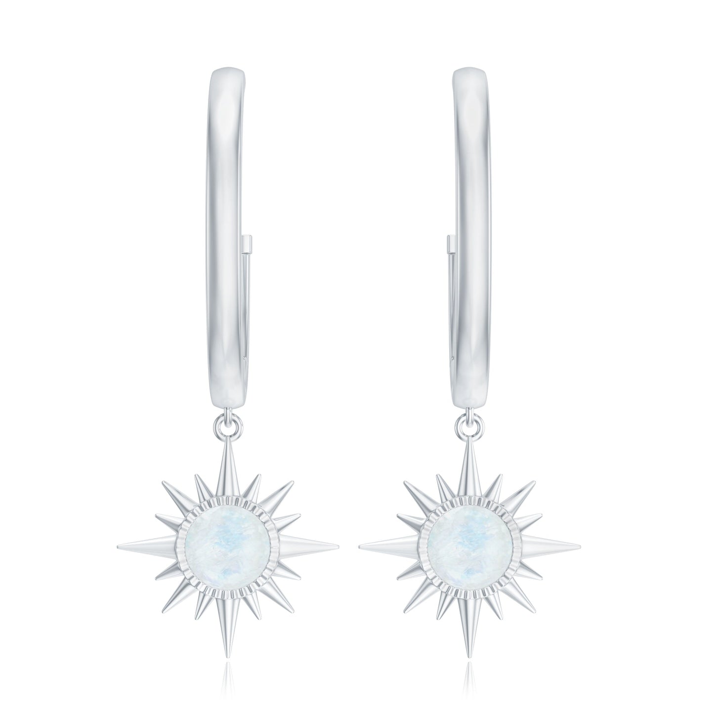 Natural 0.7 Carat Moonstone Sunburst Drop Earrings with Hinged Hoop