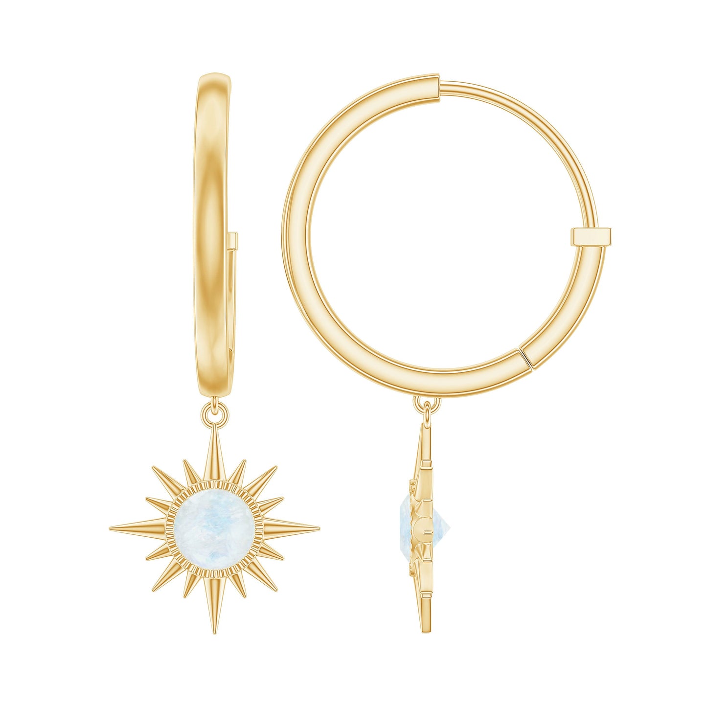 Natural 0.7 Carat Moonstone Sunburst Drop Earrings with Hinged Hoop