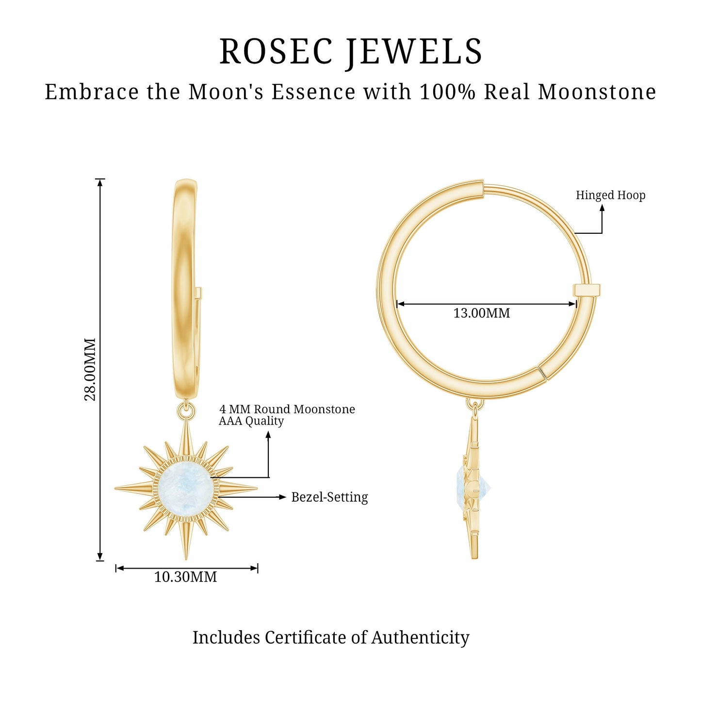 Natural 0.7 Carat Moonstone Sunburst Drop Earrings with Hinged Hoop