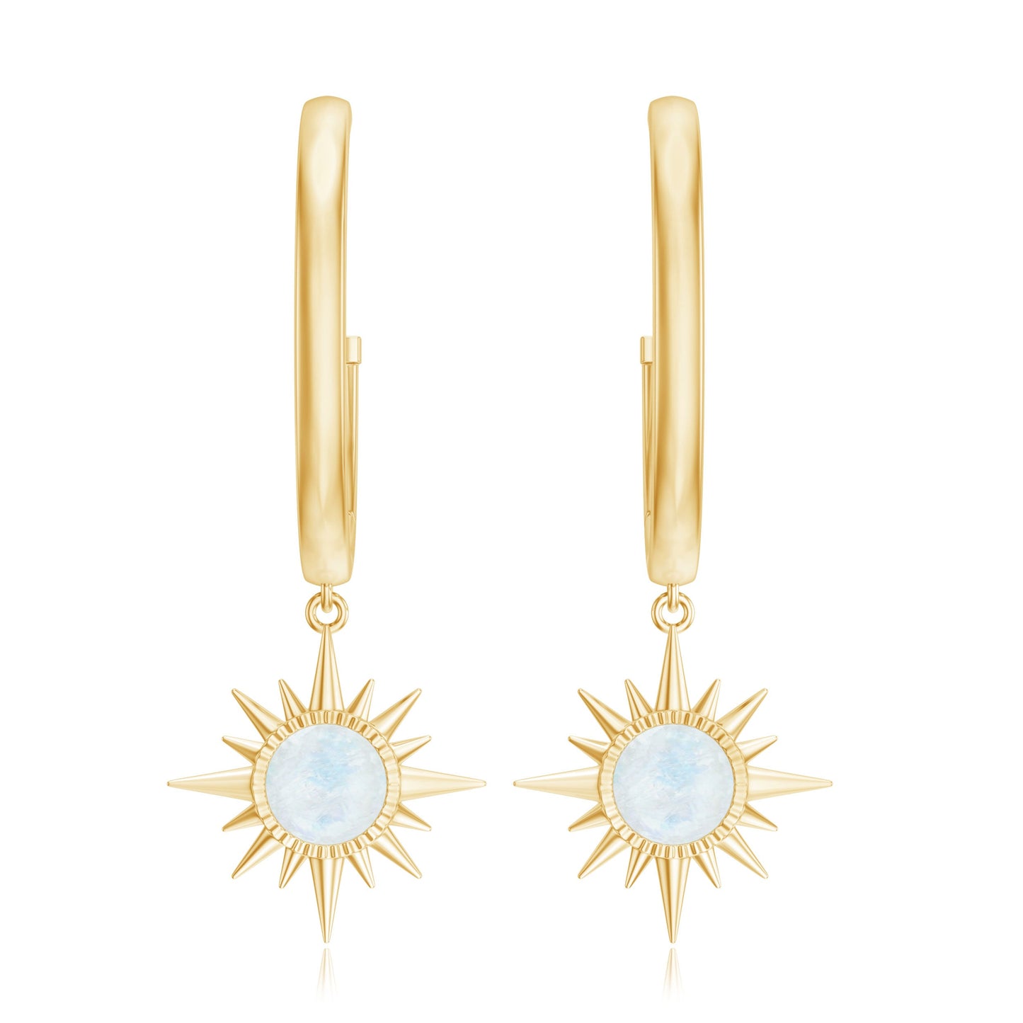 Natural 0.7 Carat Moonstone Sunburst Drop Earrings with Hinged Hoop