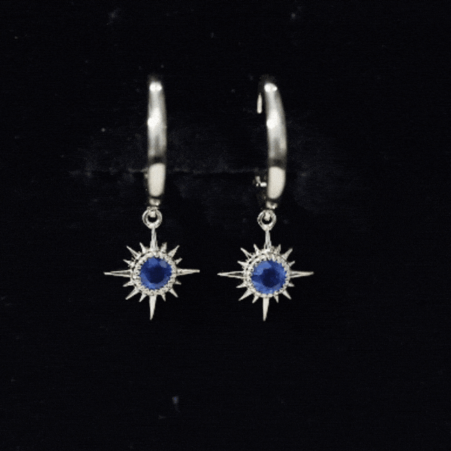 Bezel Set Blue Sapphire Sunburst Drop Hoop Earrings