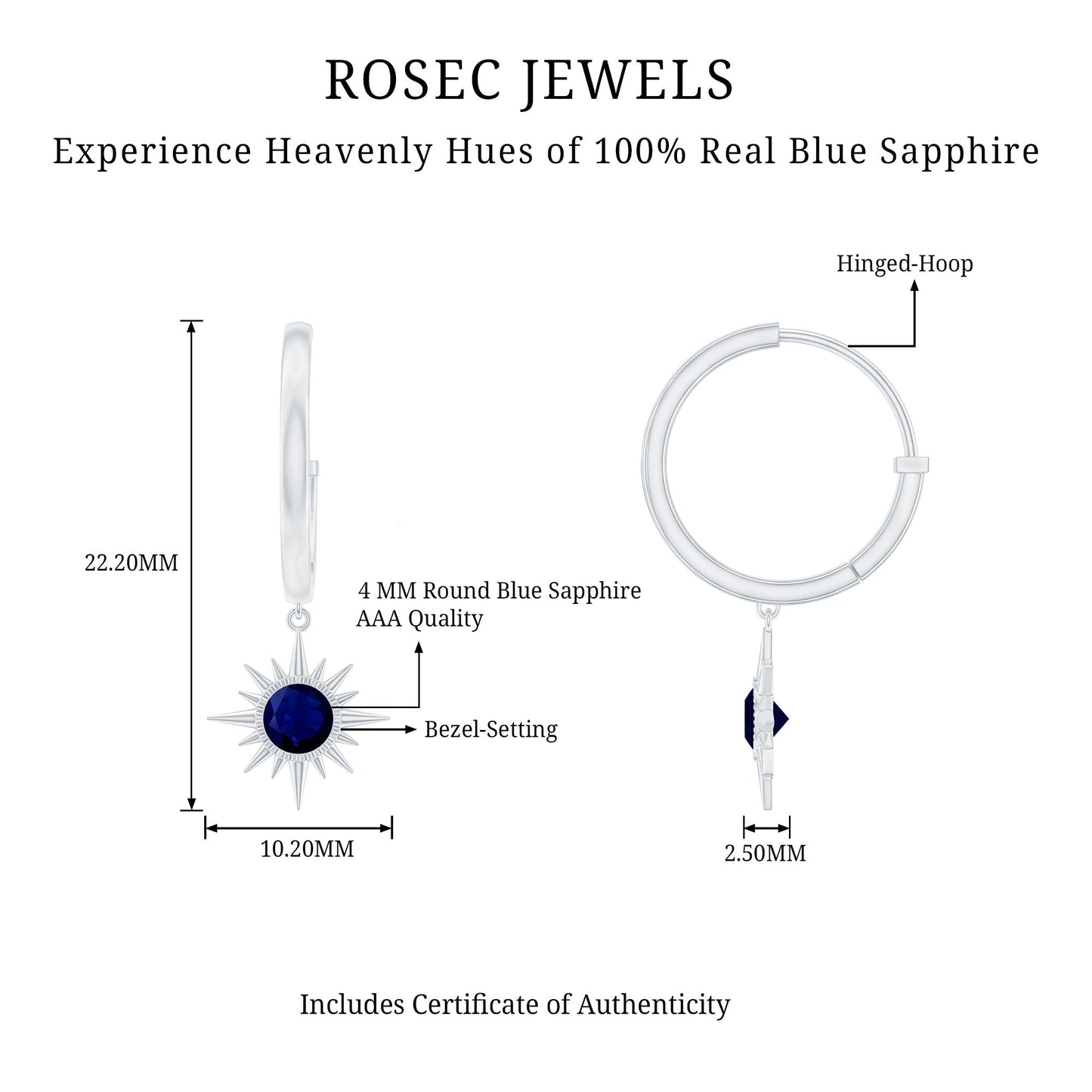 Bezel Set Blue Sapphire Sunburst Drop Hoop Earrings