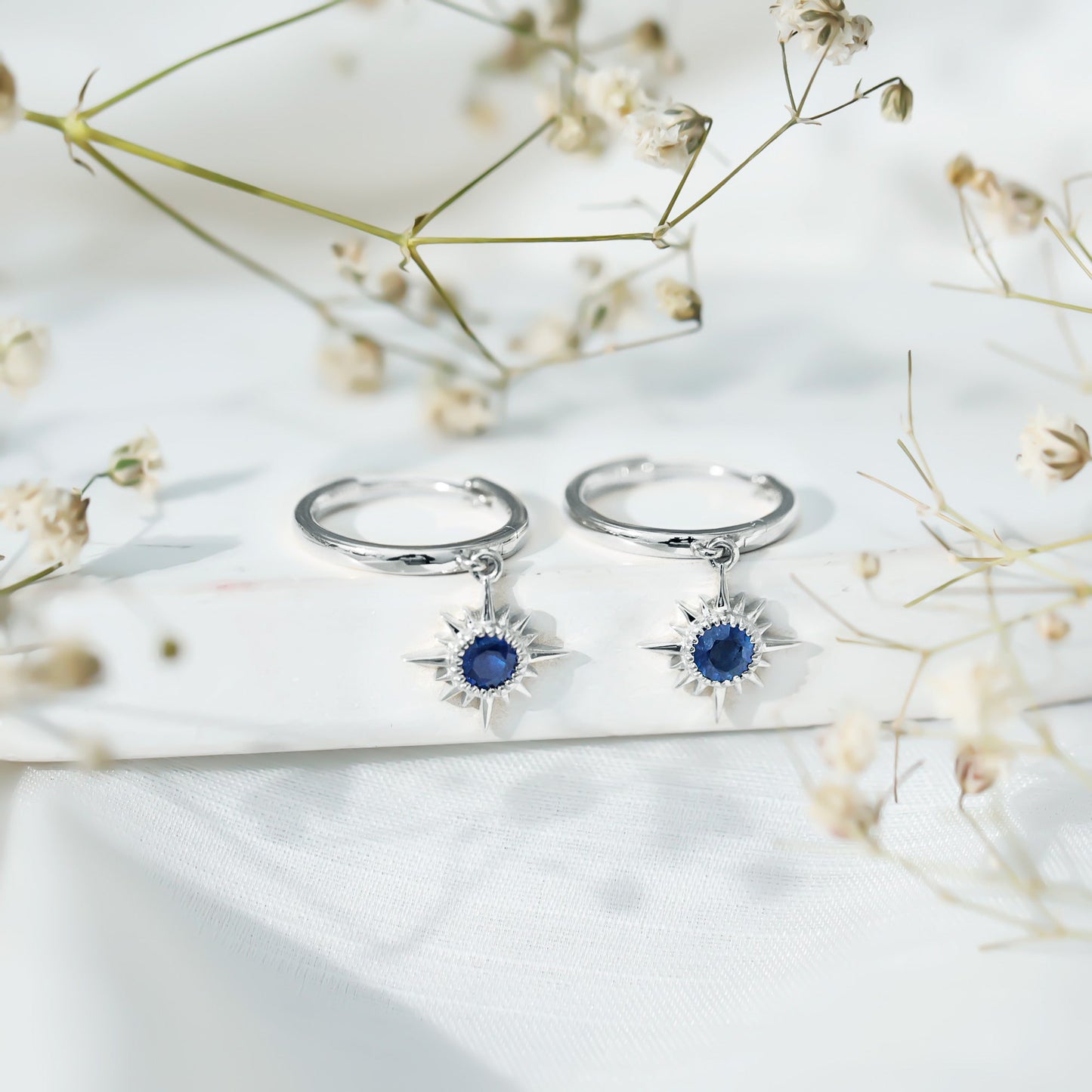 Bezel Set Blue Sapphire Sunburst Drop Hoop Earrings
