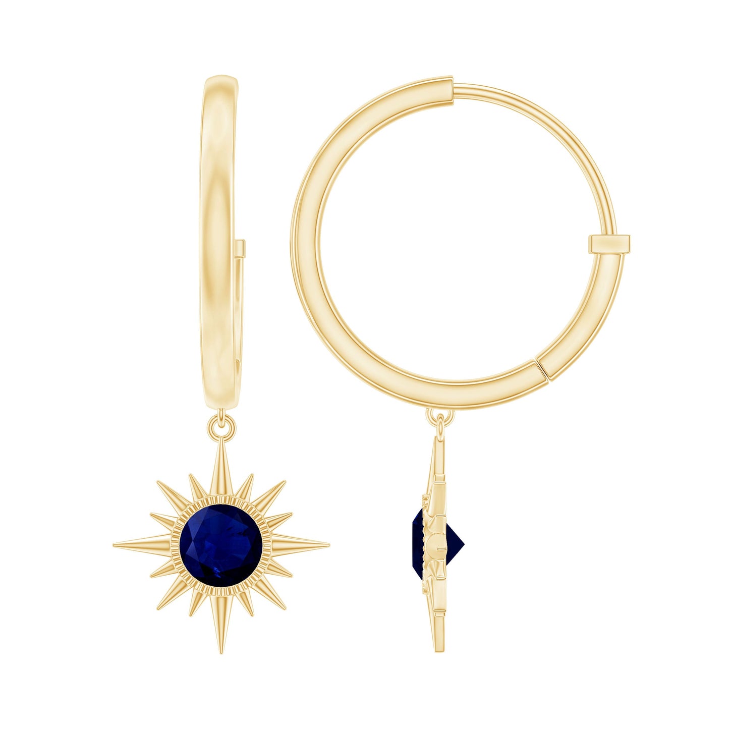 Bezel Set Blue Sapphire Sunburst Drop Hoop Earrings