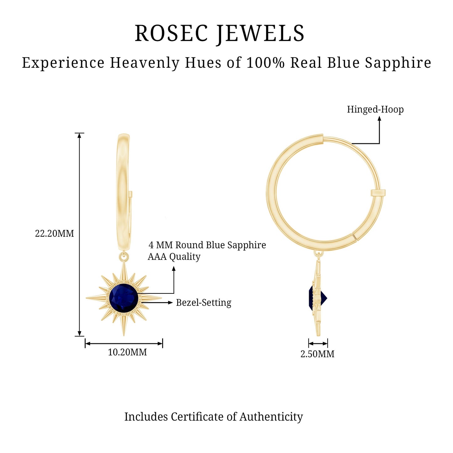 Bezel Set Blue Sapphire Sunburst Drop Hoop Earrings