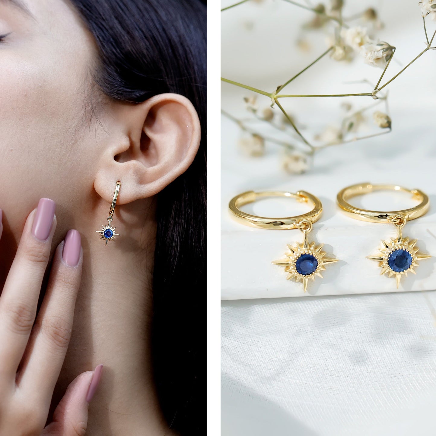 Bezel Set Blue Sapphire Sunburst Drop Hoop Earrings