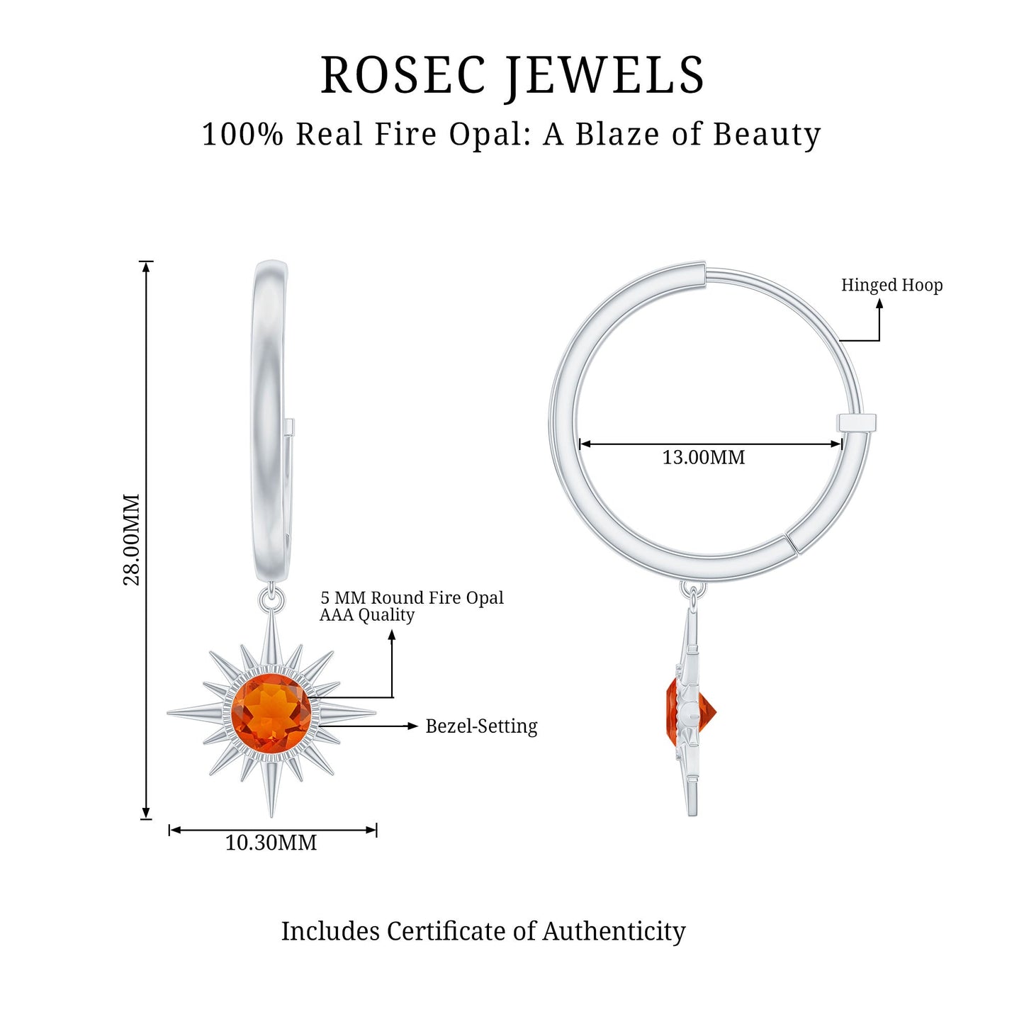 Certified Real Fire Opal Sunburst Drop Hoop Earrings