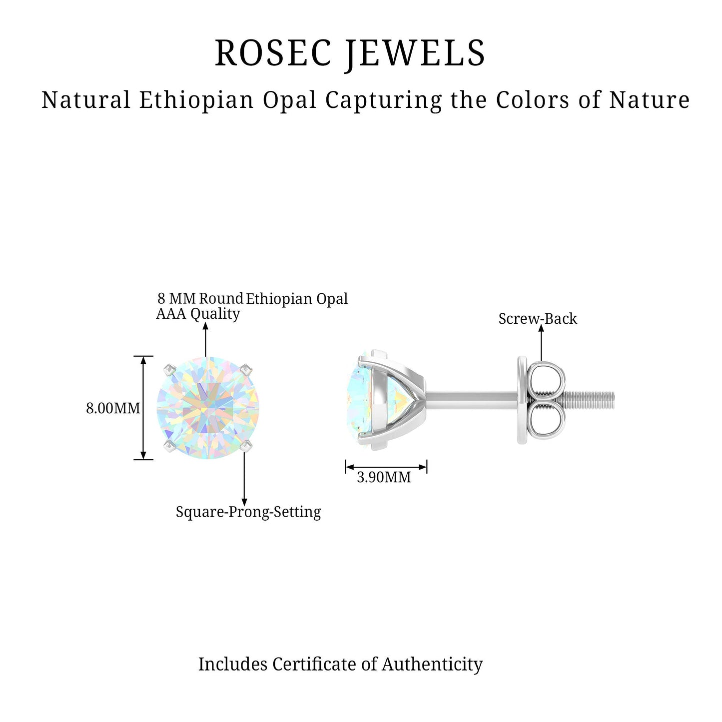 4 Carat Round Cut Ethiopian Opal Solitaire Stud Earrings