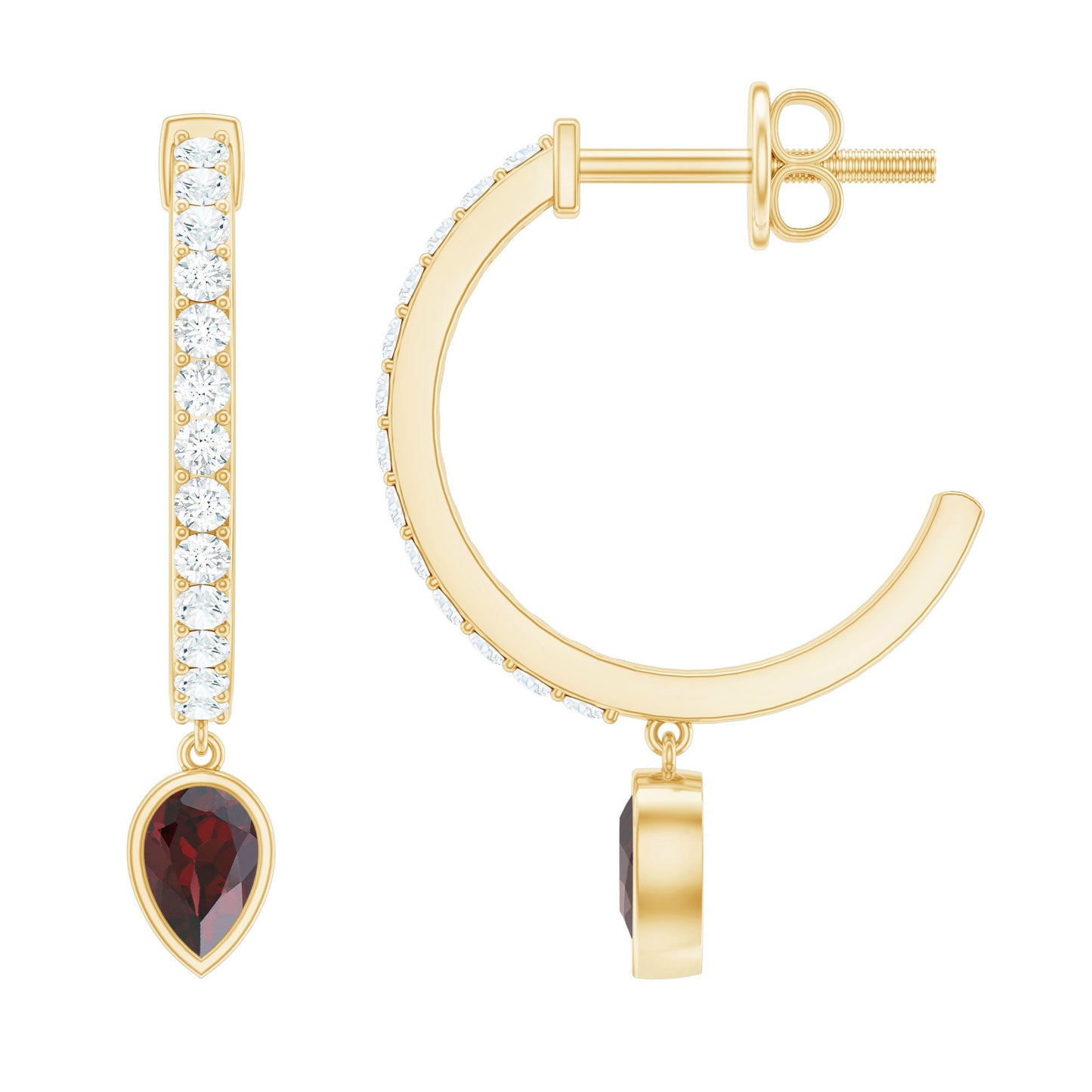 Genuine Garnet Teardrop Hoop Earrings with Diamonds