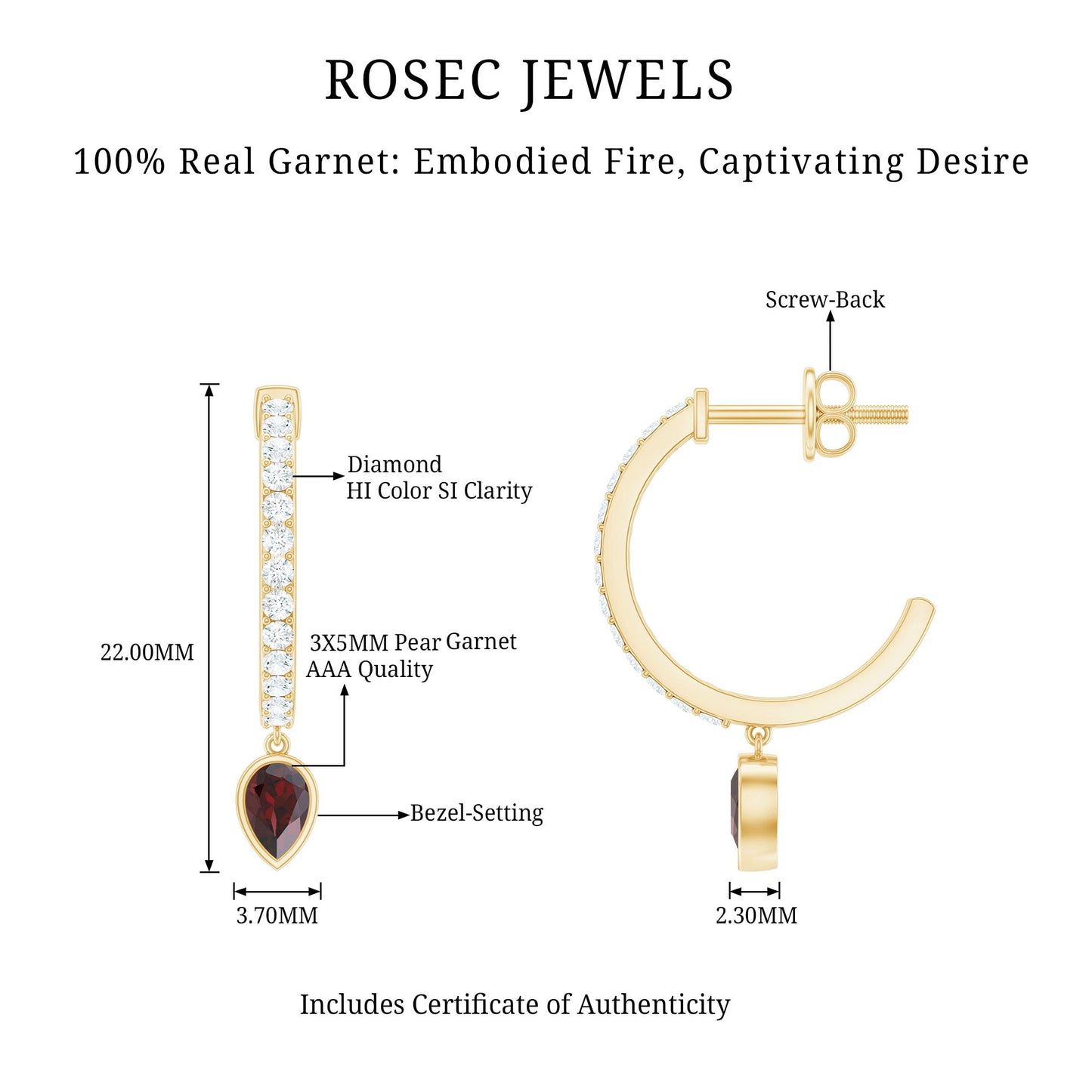 Genuine Garnet Teardrop Hoop Earrings with Diamonds