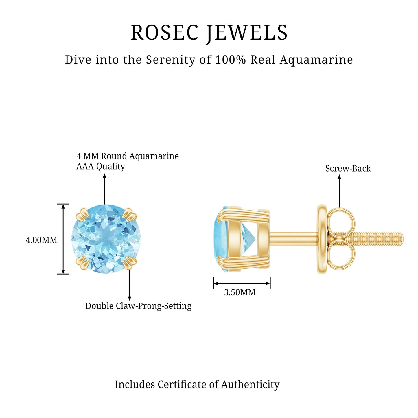 0.5 Carat Genuine Aquamarine Solitaire Stud Earrings in Double Claw Prong Setting