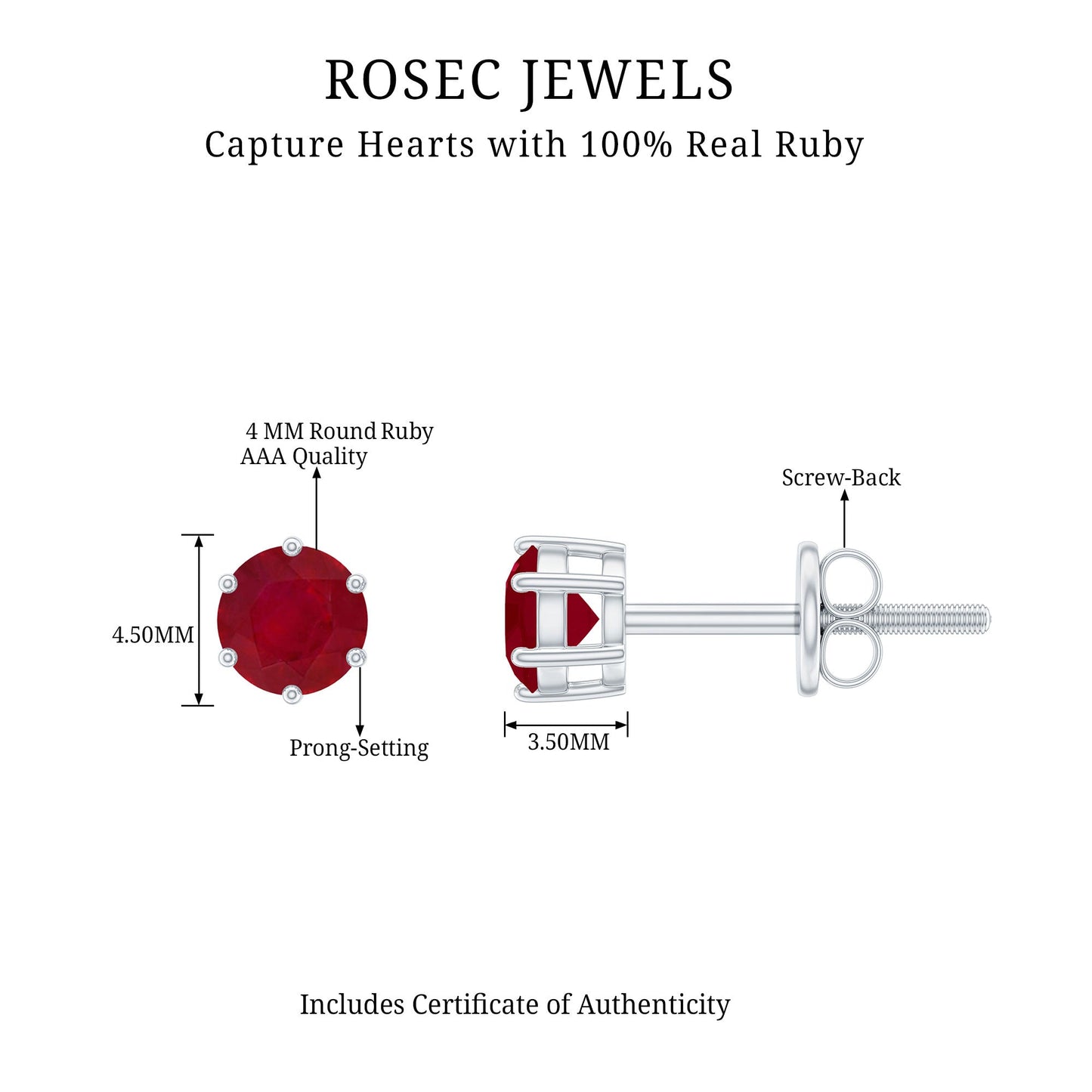 Minimalist Ruby Solitaire Stud Earrings for Women